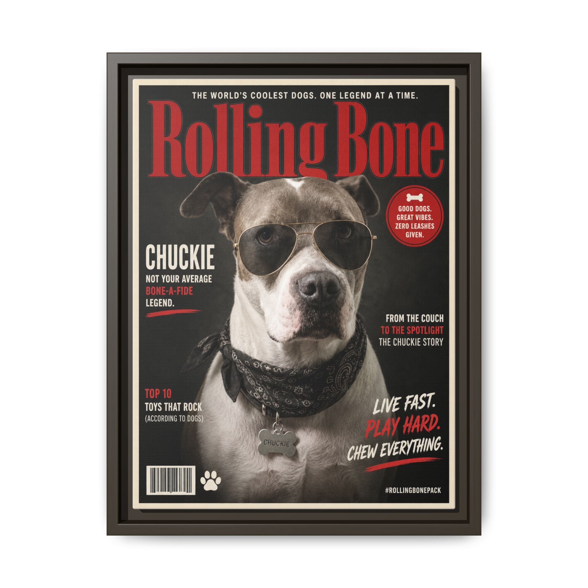 Rolling Bone Magazine Personalized Pet Framed Canvas — Custom Dog Portrait Framed Canvas Wall Art, Made to Order