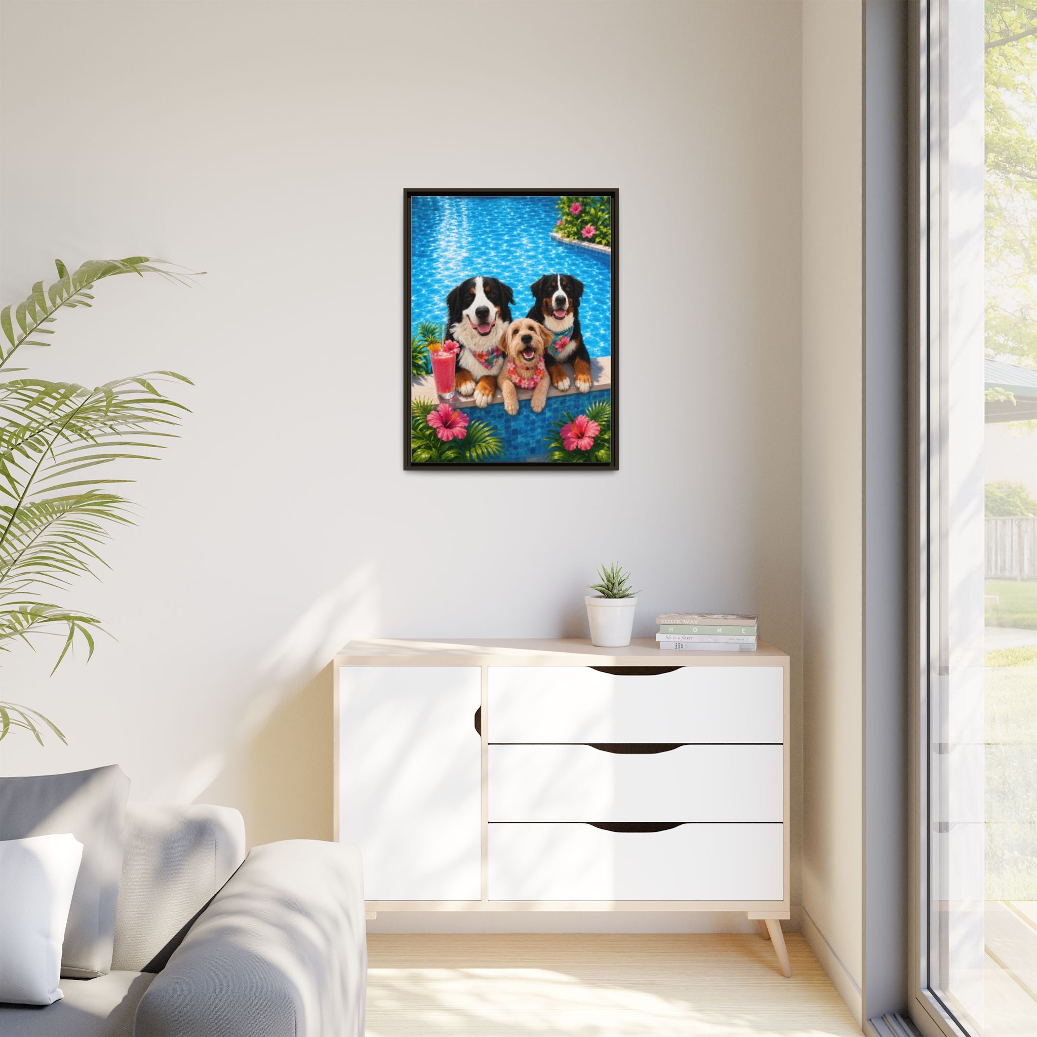 Pool Pawty Personalized Pet Framed Canvas — Custom Tropical Portrait Framed Wall Art, 1-3 Pets