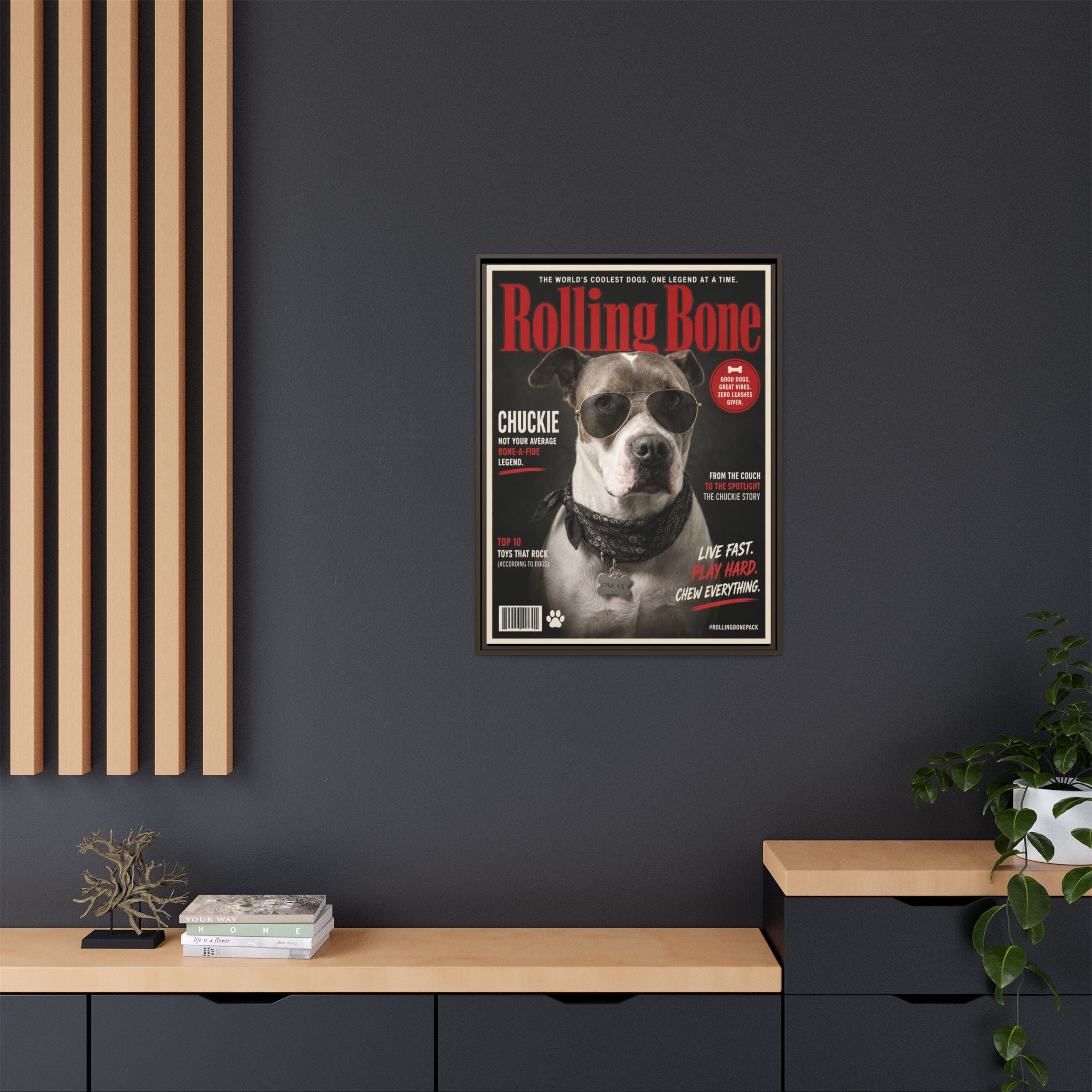 Rolling Bone Magazine Personalized Pet Framed Canvas — Custom Dog Portrait Framed Canvas Wall Art, Made to Order