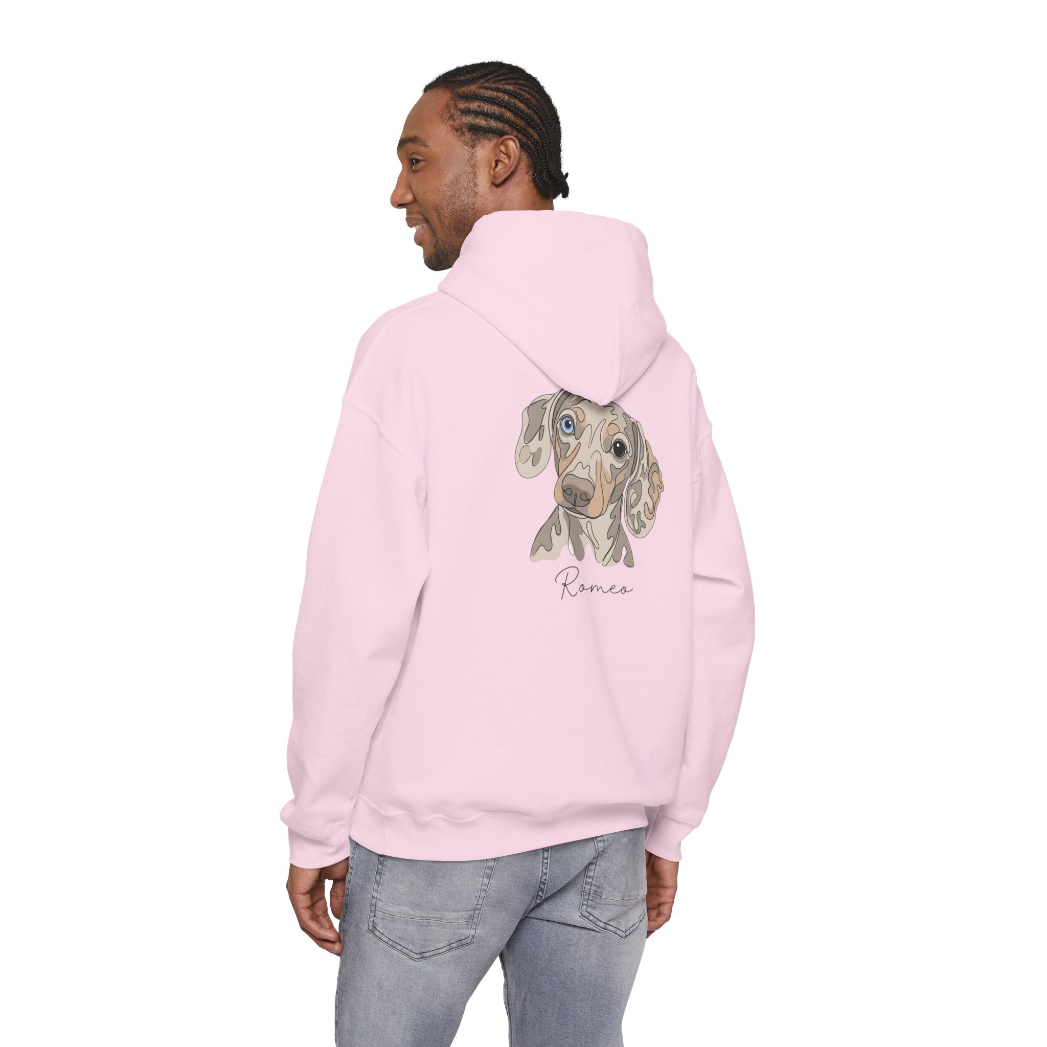 Romeo Personalized Dog Portrait Hoodie — "ROMEO" Front Text & Custom Back Pet Illustration