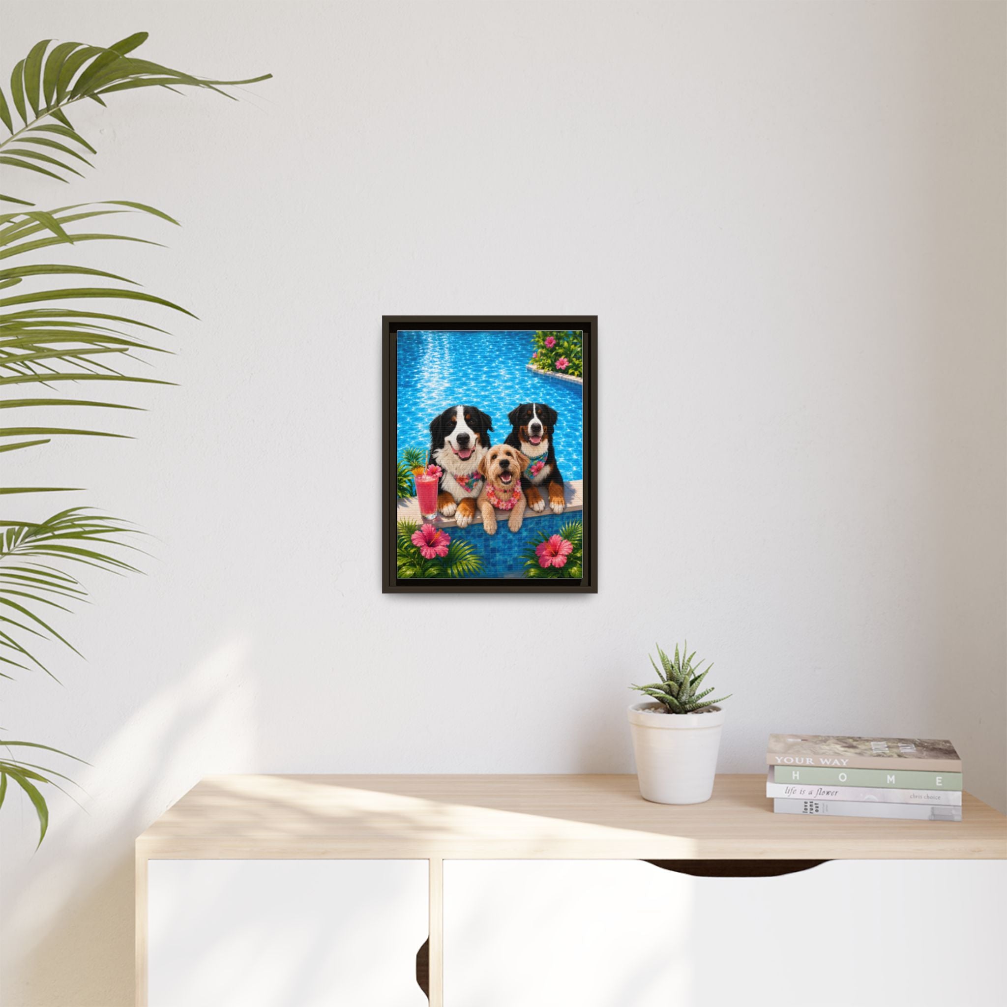 Pool Pawty Personalized Pet Framed Canvas — Custom Tropical Portrait Framed Wall Art, 1-3 Pets