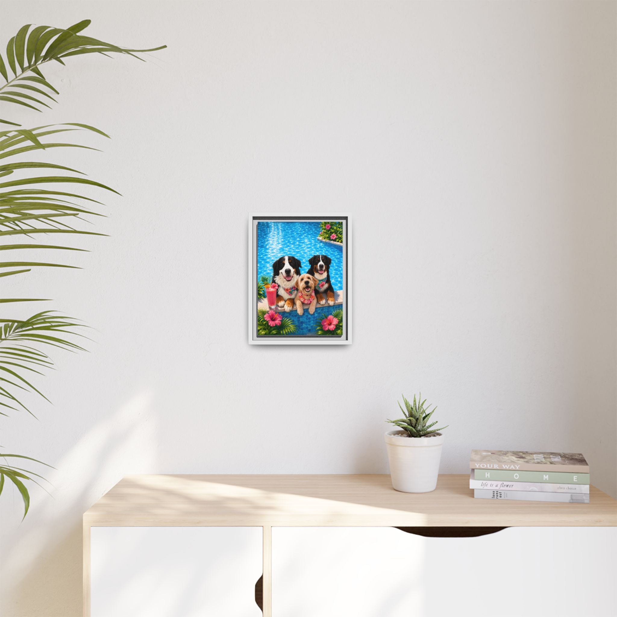 Pool Pawty Personalized Pet Framed Canvas — Custom Tropical Portrait Framed Wall Art, 1-3 Pets