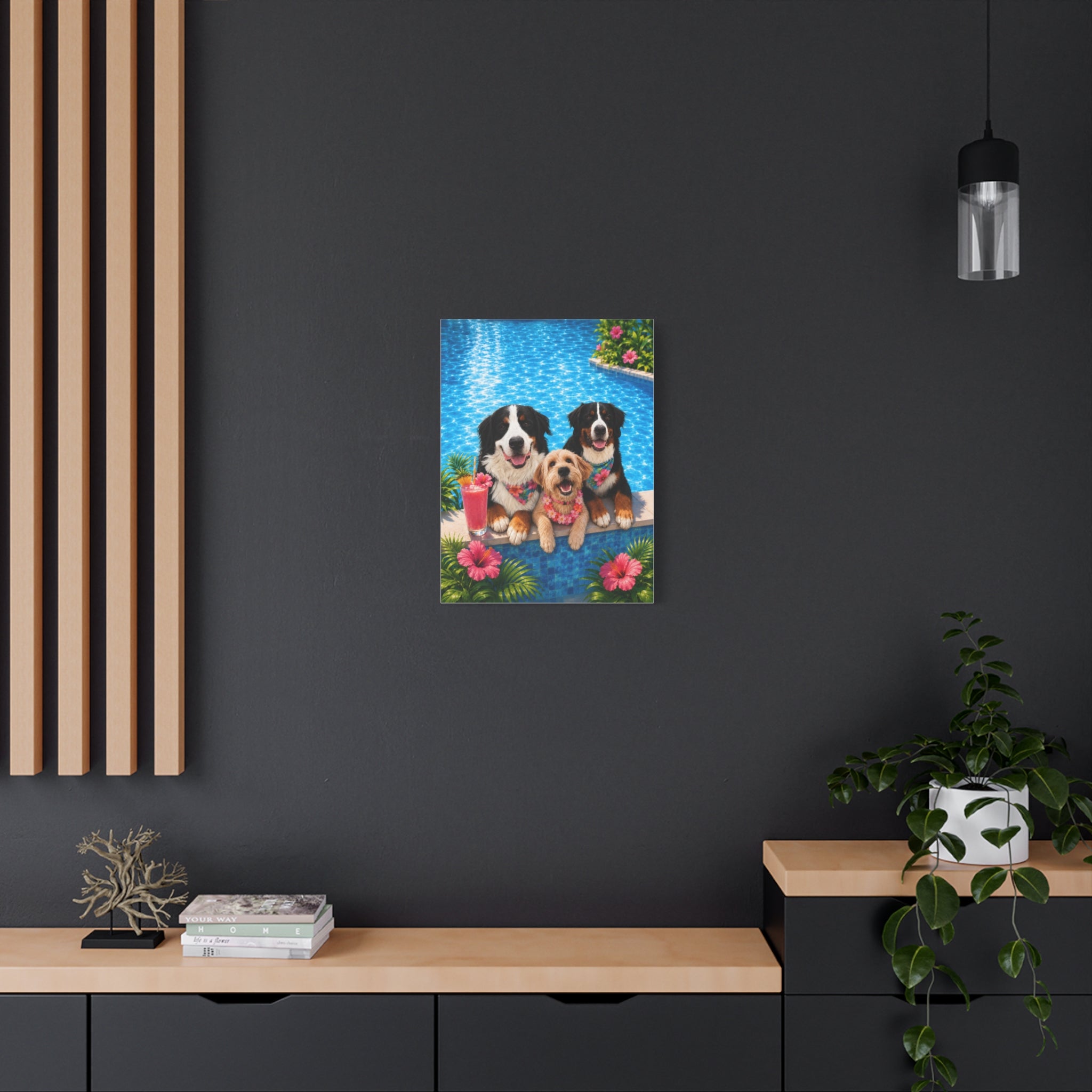 Pool Pawty Personalized Pet Canvas — Custom Tropical Portrait Stretched Canvas Wall Art, 1-3 Pets