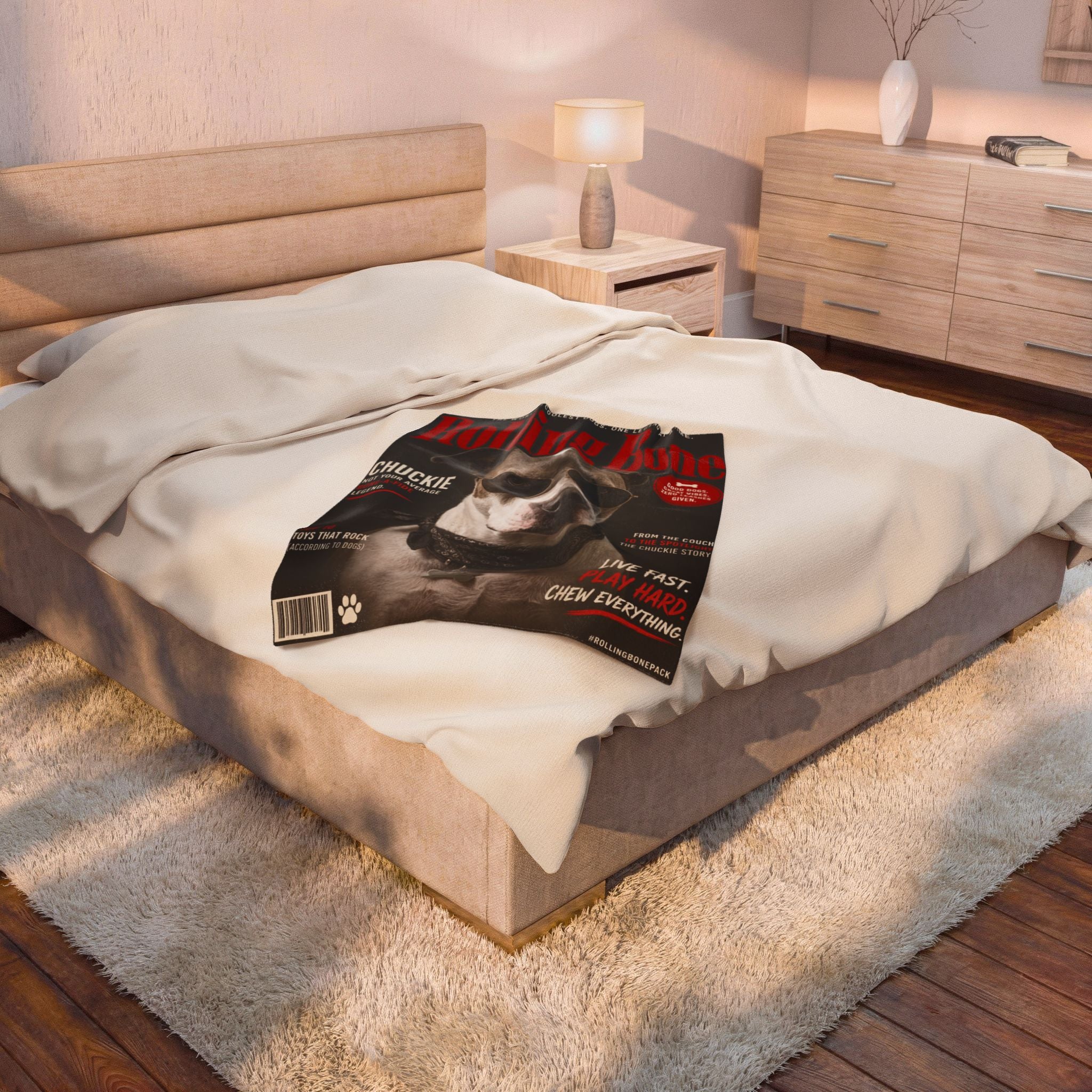 Rolling Bone Magazine Personalized Pet Blanket — Funny Cover Star Pet Velveteen Plush Throw, 3 Sizes