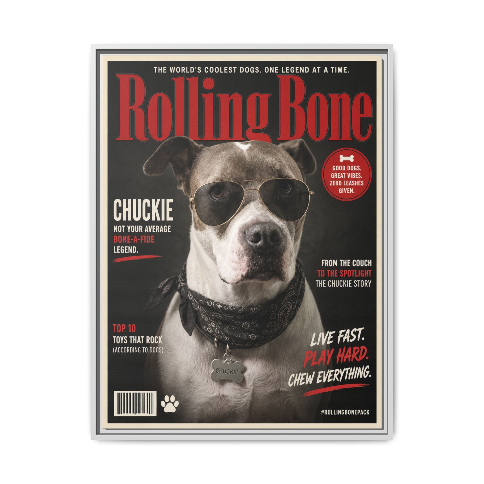 Rolling Bone Magazine Personalized Pet Framed Canvas — Custom Dog Portrait Framed Canvas Wall Art, Made to Order