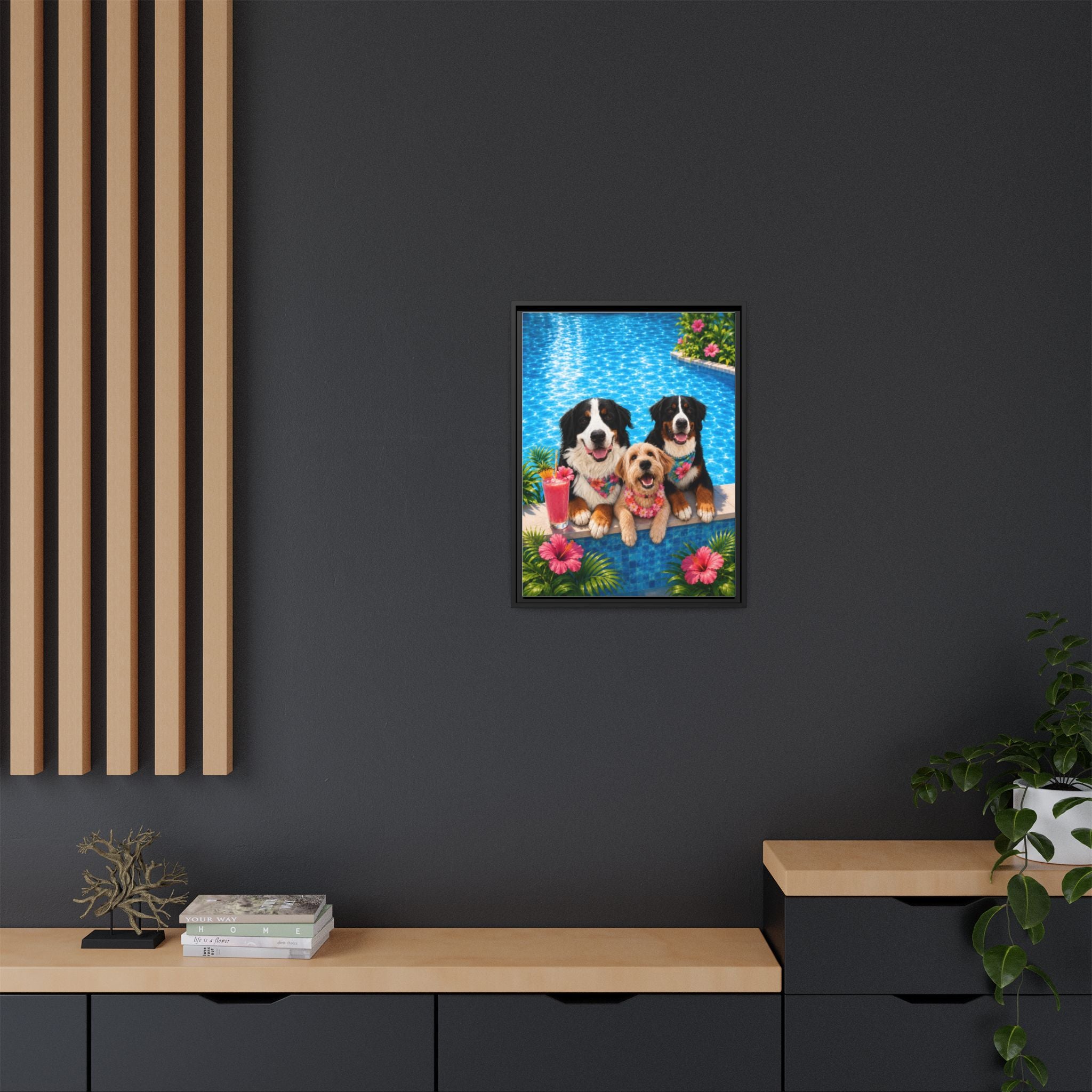 Pool Pawty Personalized Pet Framed Canvas — Custom Tropical Portrait Framed Wall Art, 1-3 Pets