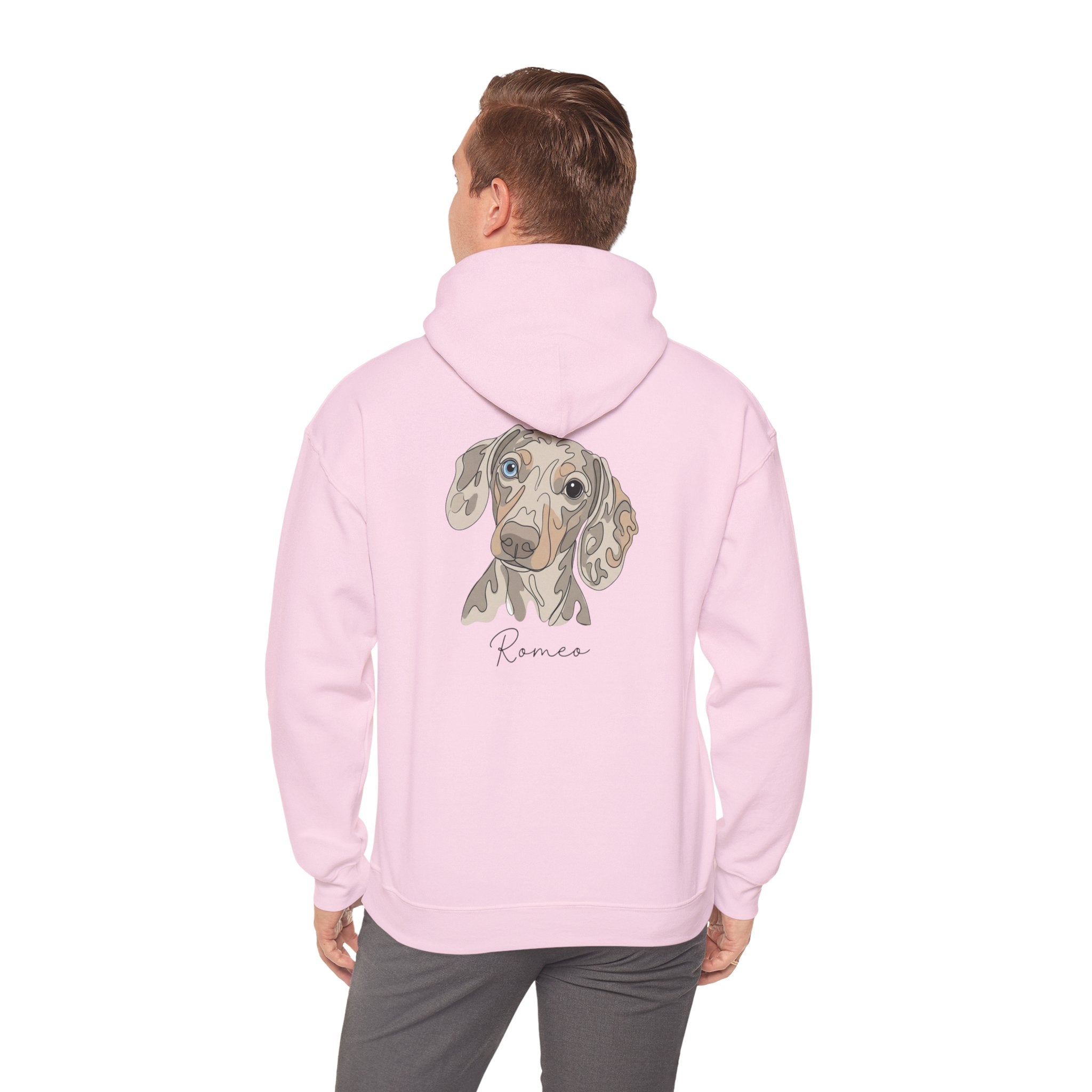 Romeo Personalized Dog Portrait Hoodie — "ROMEO" Front Text & Custom Back Pet Illustration