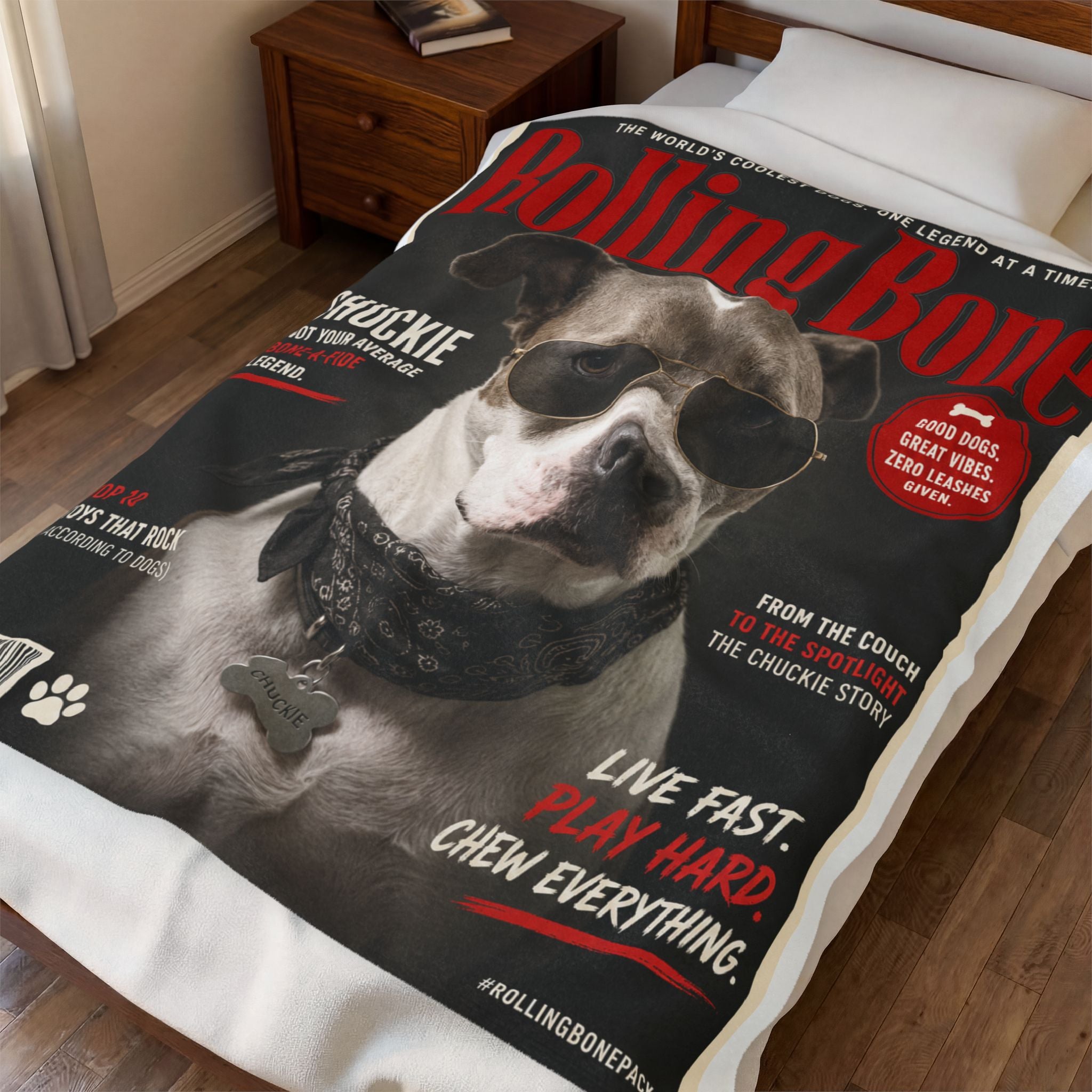 Rolling Bone Magazine Personalized Pet Blanket — Funny Cover Star Pet Velveteen Plush Throw, 3 Sizes