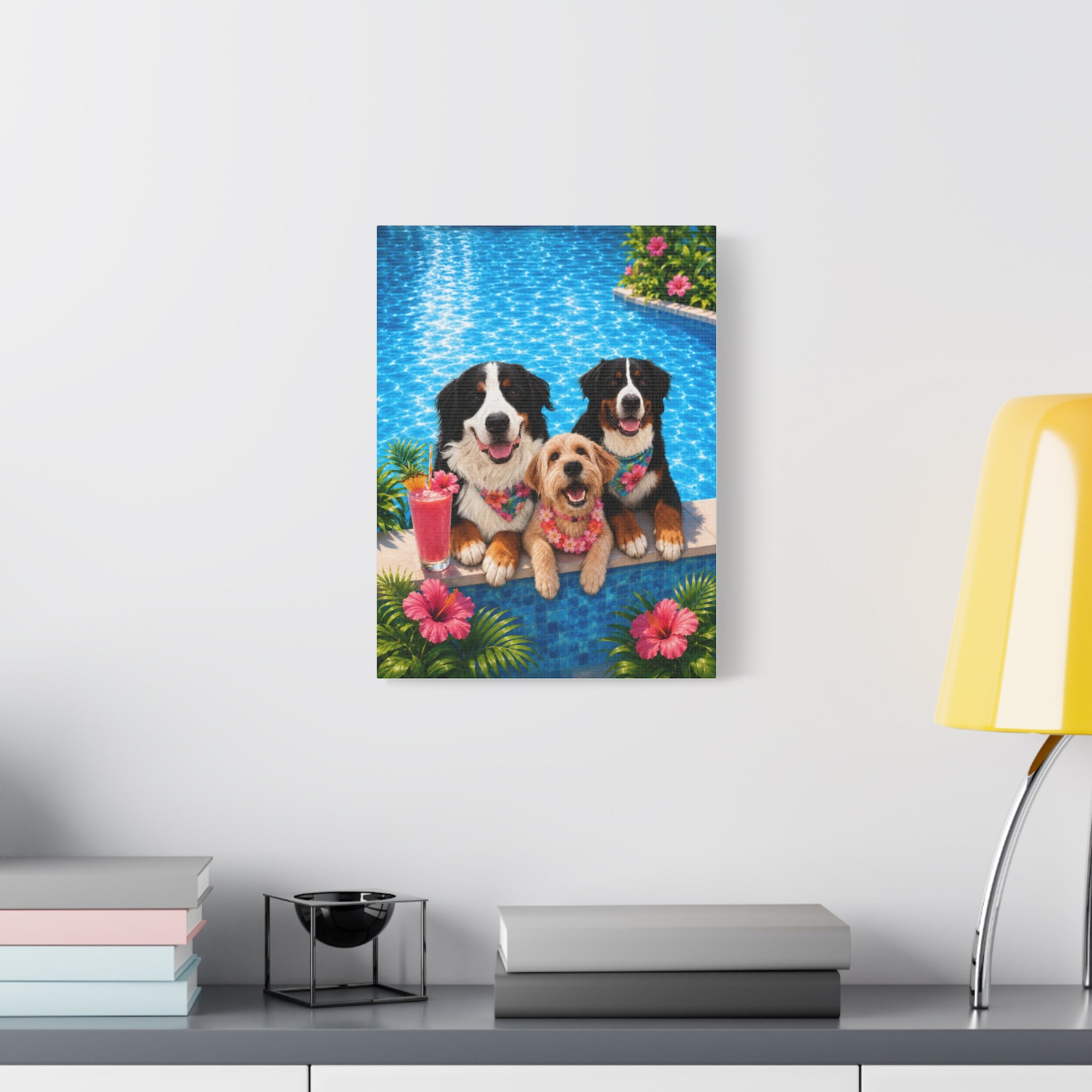 Pool Pawty Personalized Pet Canvas — Custom Tropical Portrait Stretched Canvas Wall Art, 1-3 Pets