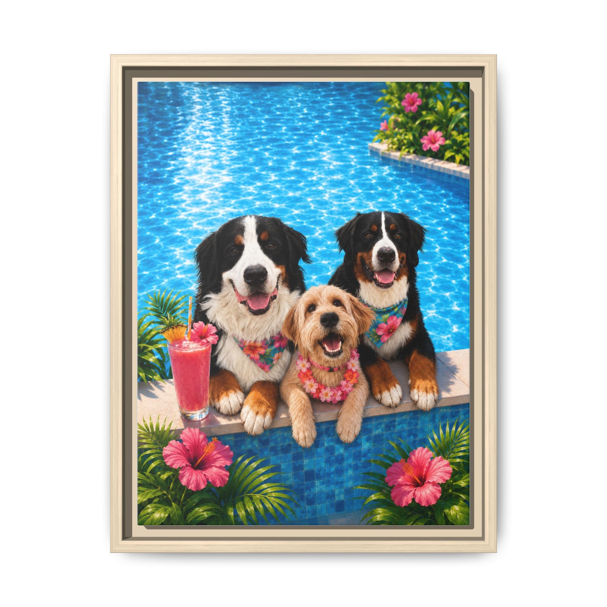 Pool Pawty Personalized Pet Framed Canvas — Custom Tropical Portrait Framed Wall Art, 1-3 Pets