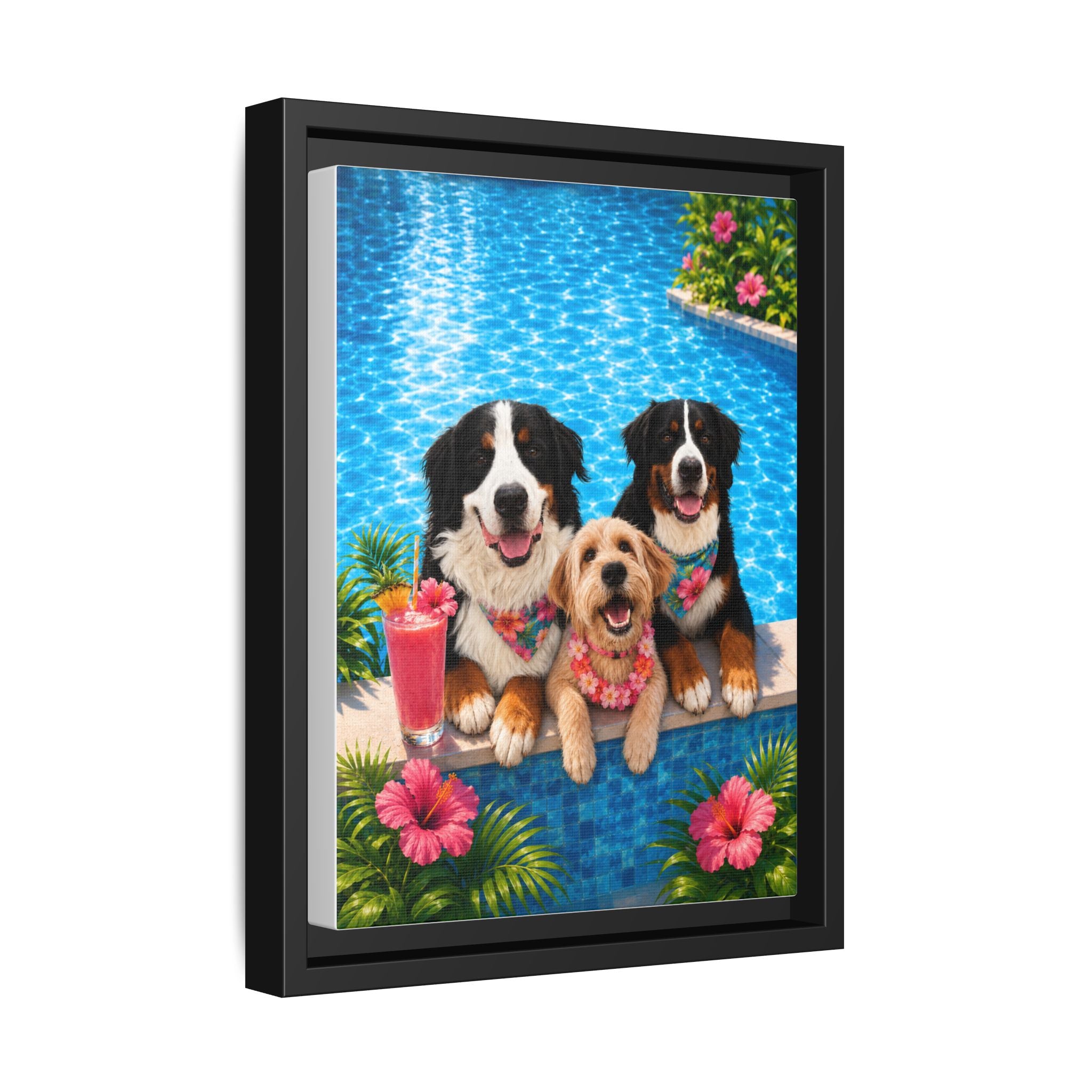 Pool Pawty Personalized Pet Framed Canvas — Custom Tropical Portrait Framed Wall Art, 1-3 Pets