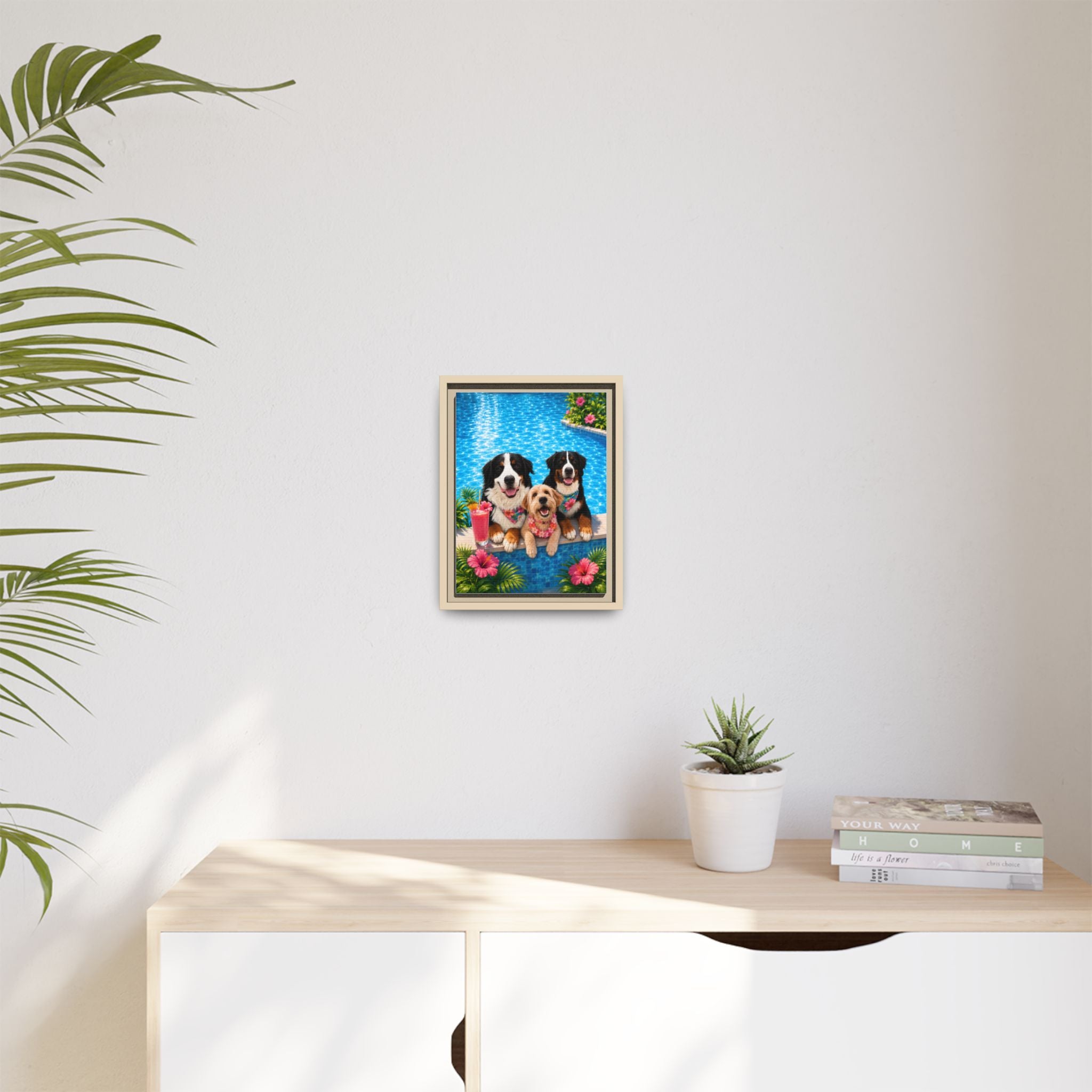 Pool Pawty Personalized Pet Framed Canvas — Custom Tropical Portrait Framed Wall Art, 1-3 Pets