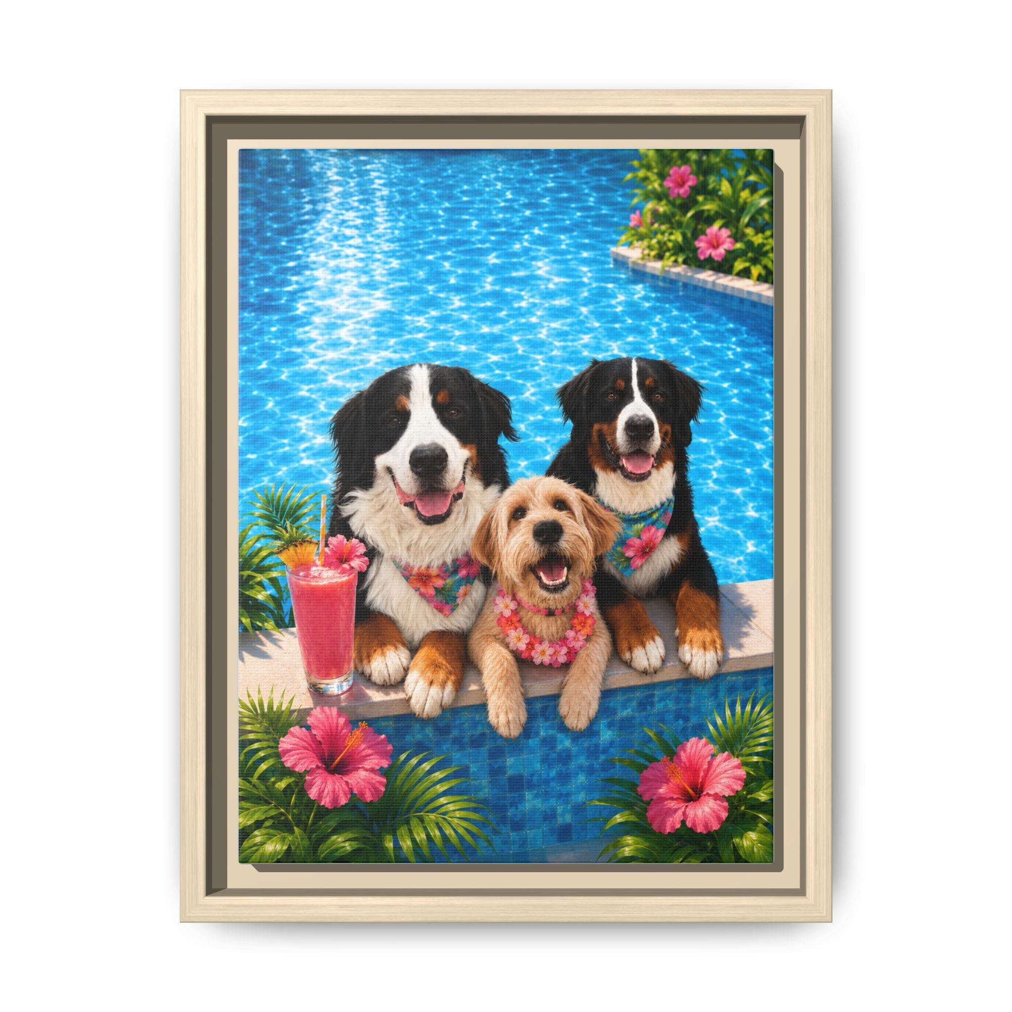 Pool Pawty Personalized Pet Framed Canvas — Custom Tropical Portrait Framed Wall Art, 1-3 Pets