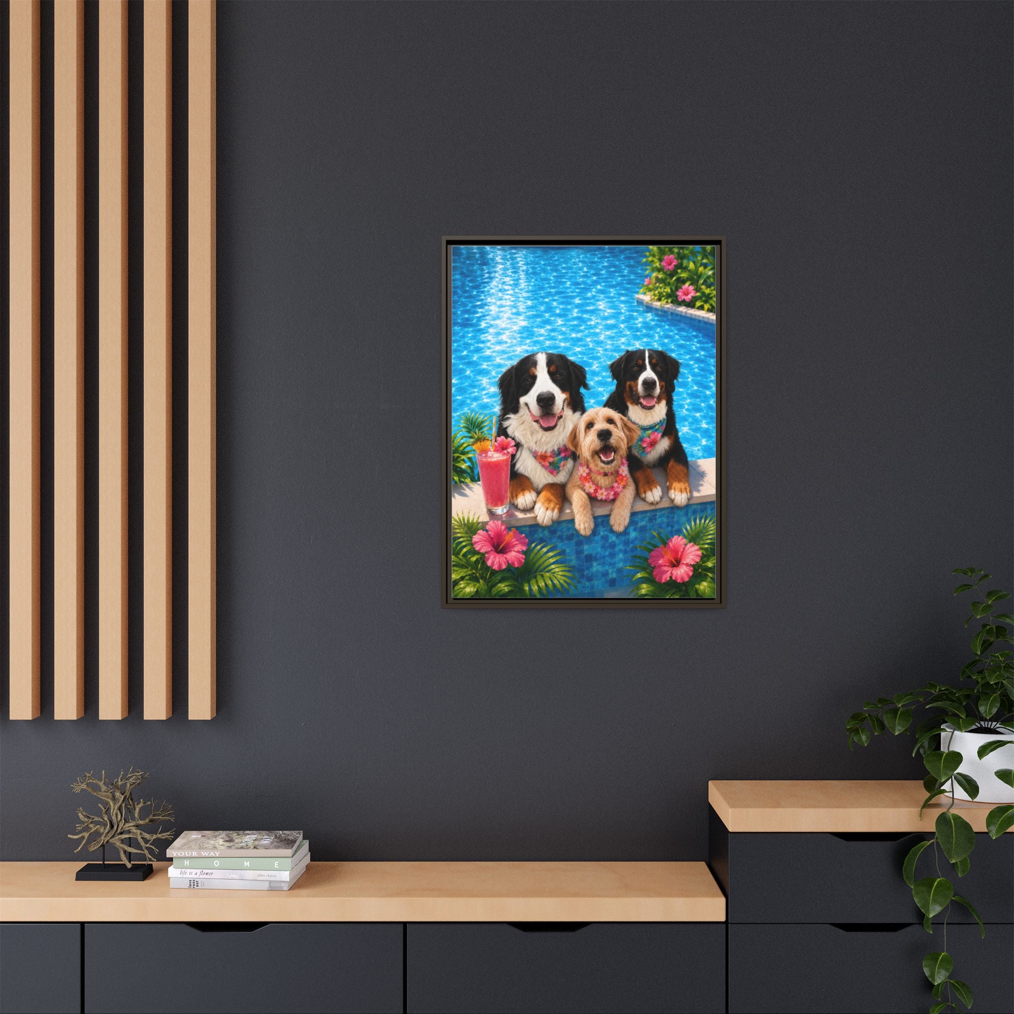 Pool Pawty Personalized Pet Framed Canvas — Custom Tropical Portrait Framed Wall Art, 1-3 Pets