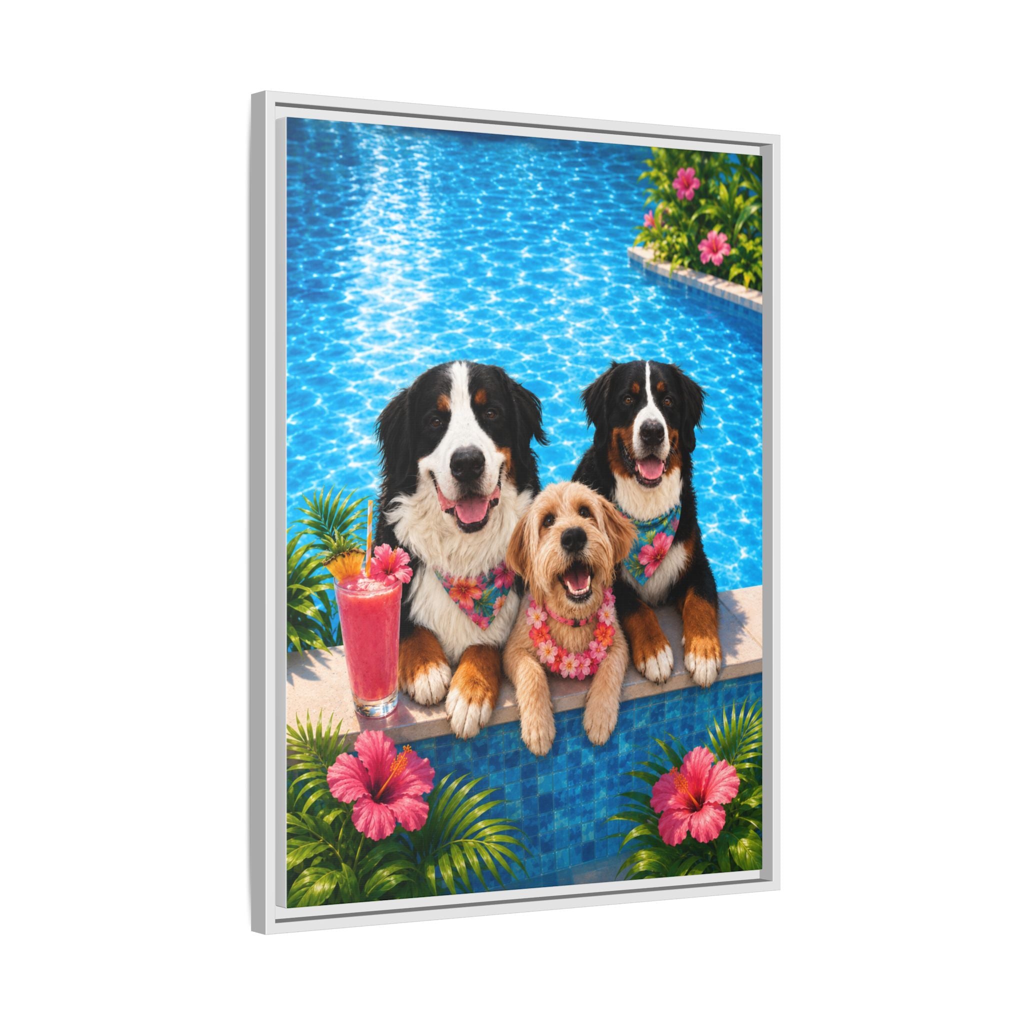Pool Pawty Personalized Pet Framed Canvas — Custom Tropical Portrait Framed Wall Art, 1-3 Pets