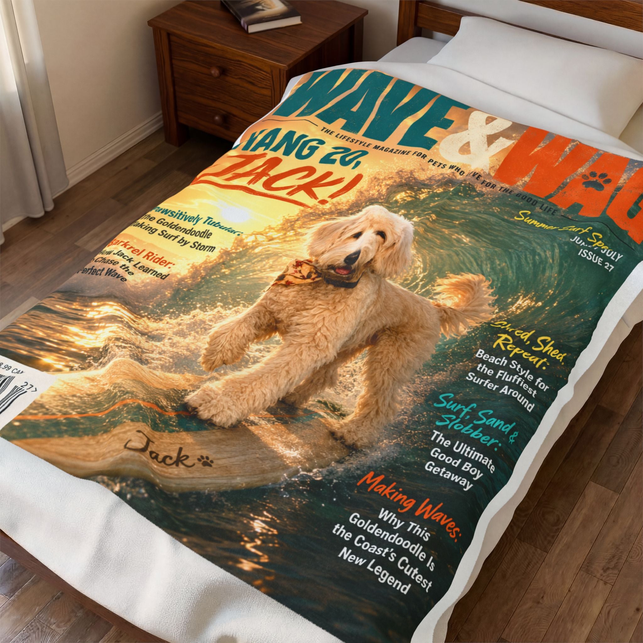Wave & Wag Personalized Pet Blanket — Custom Surf Magazine Cover Velveteen Plush Throw, 3 Sizes