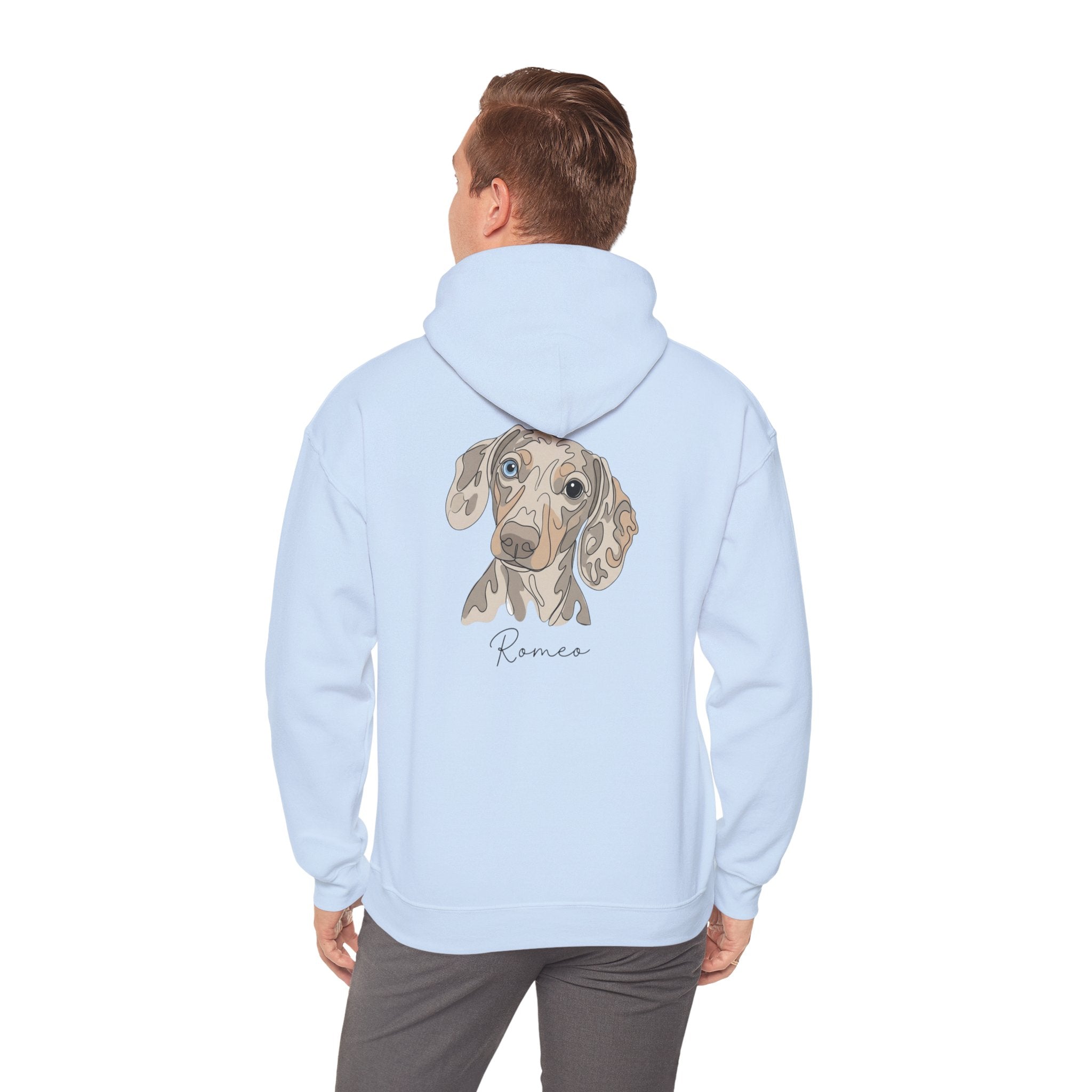 Romeo Personalized Dog Portrait Hoodie — "ROMEO" Front Text & Custom Back Pet Illustration