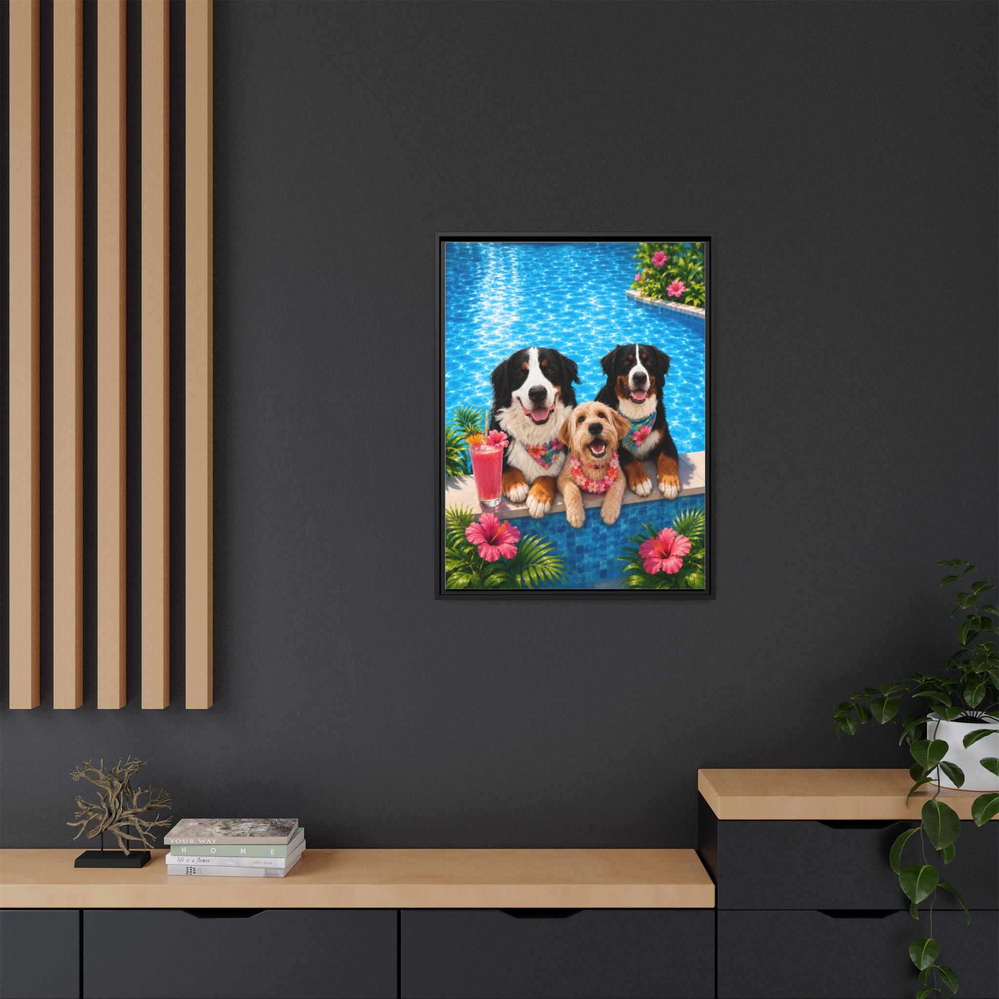 Pool Pawty Personalized Pet Framed Canvas — Custom Tropical Portrait Framed Wall Art, 1-3 Pets