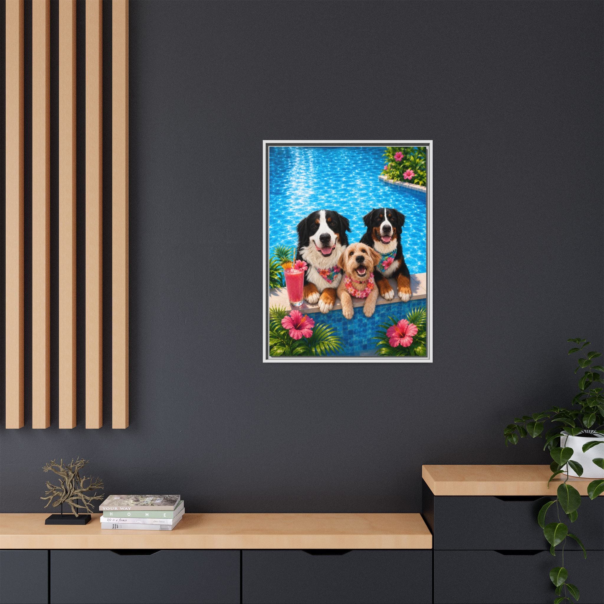 Pool Pawty Personalized Pet Framed Canvas — Custom Tropical Portrait Framed Wall Art, 1-3 Pets