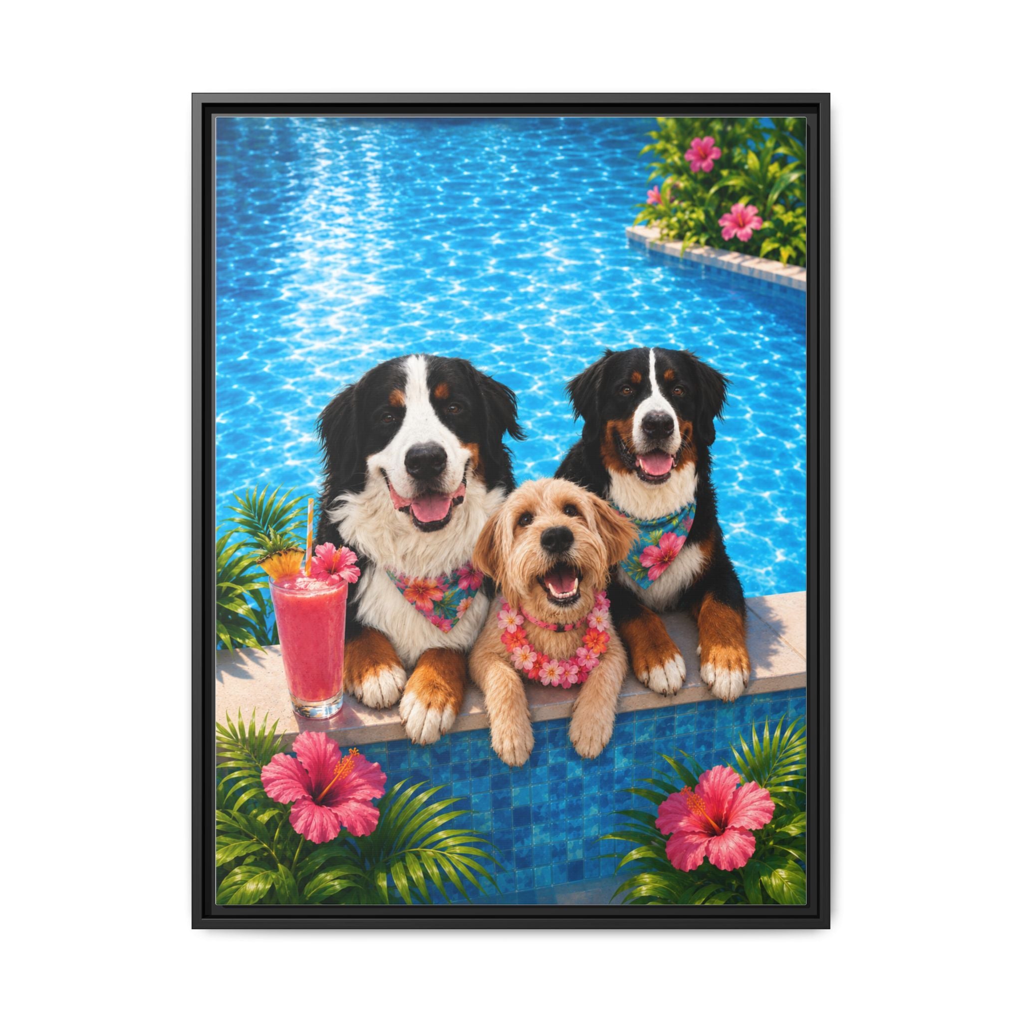 Pool Pawty Personalized Pet Framed Canvas — Custom Tropical Portrait Framed Wall Art, 1-3 Pets
