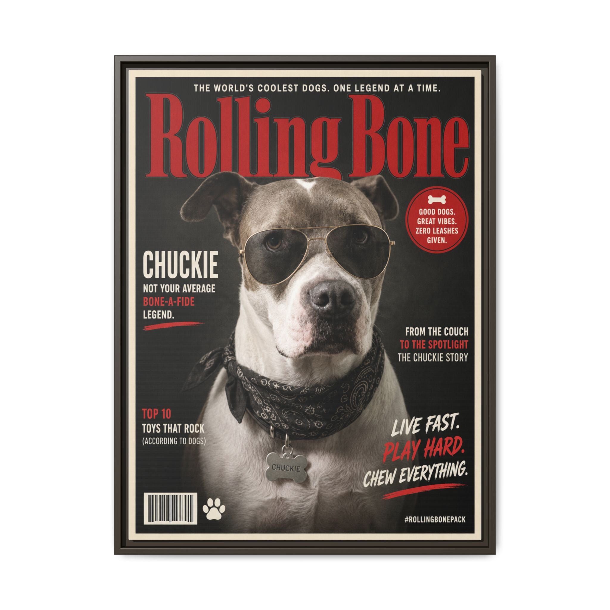 Rolling Bone Magazine Personalized Pet Framed Canvas — Custom Dog Portrait Framed Canvas Wall Art, Made to Order