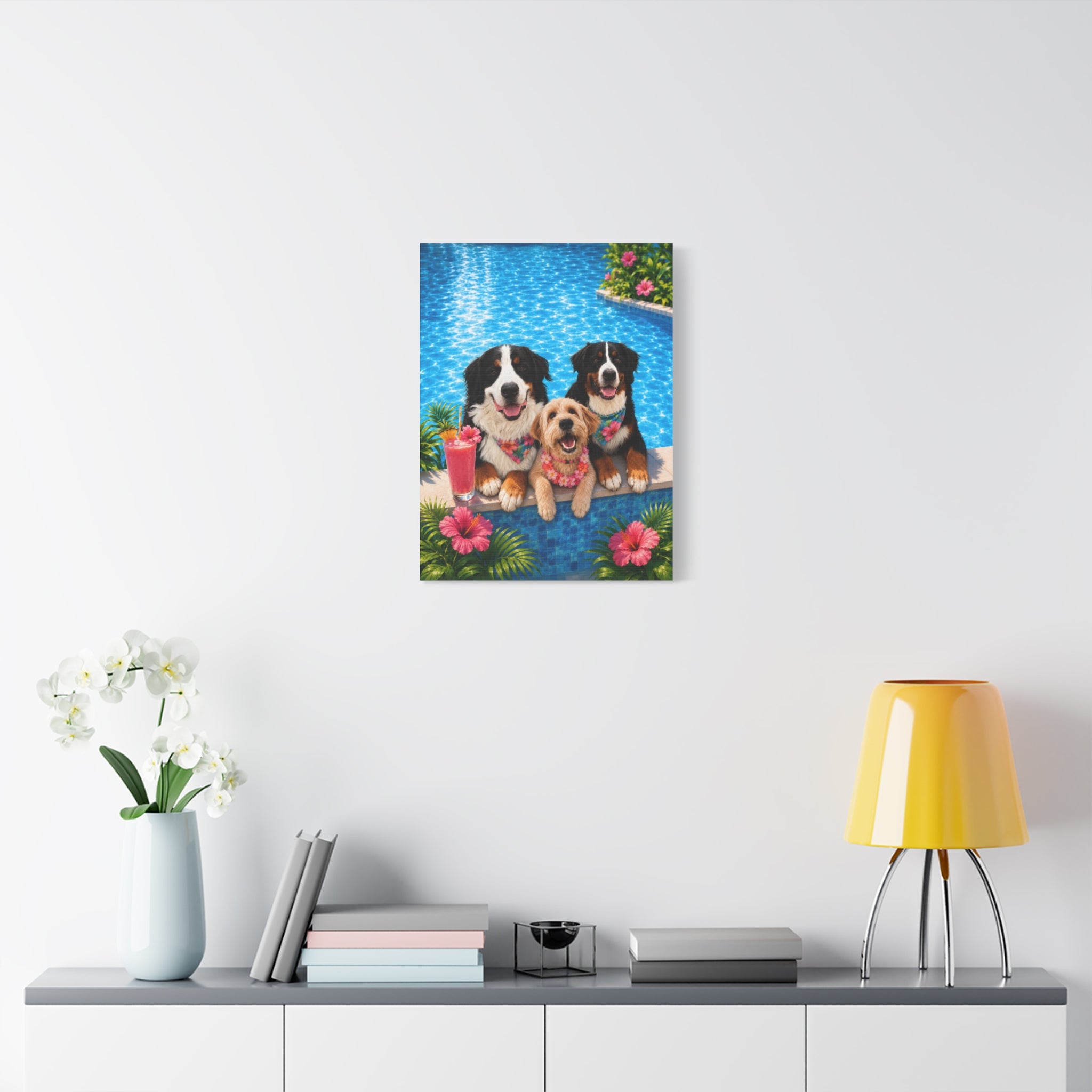 Pool Pawty Personalized Pet Canvas — Custom Tropical Portrait Stretched Canvas Wall Art, 1-3 Pets
