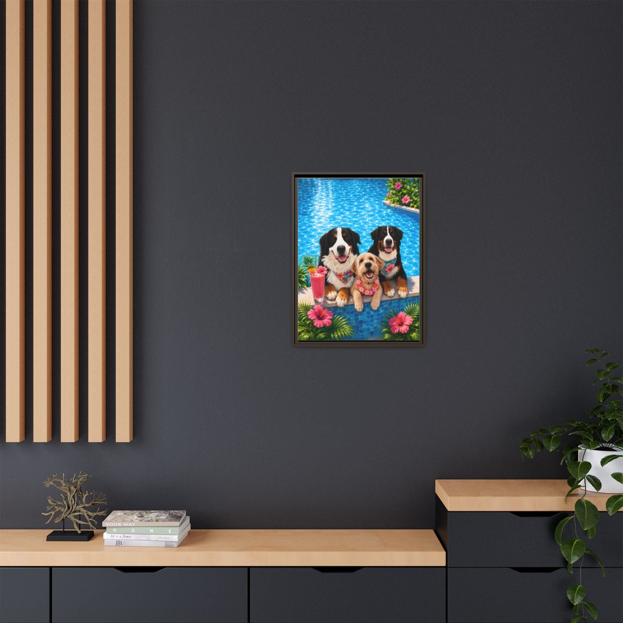Pool Pawty Personalized Pet Framed Canvas — Custom Tropical Portrait Framed Wall Art, 1-3 Pets