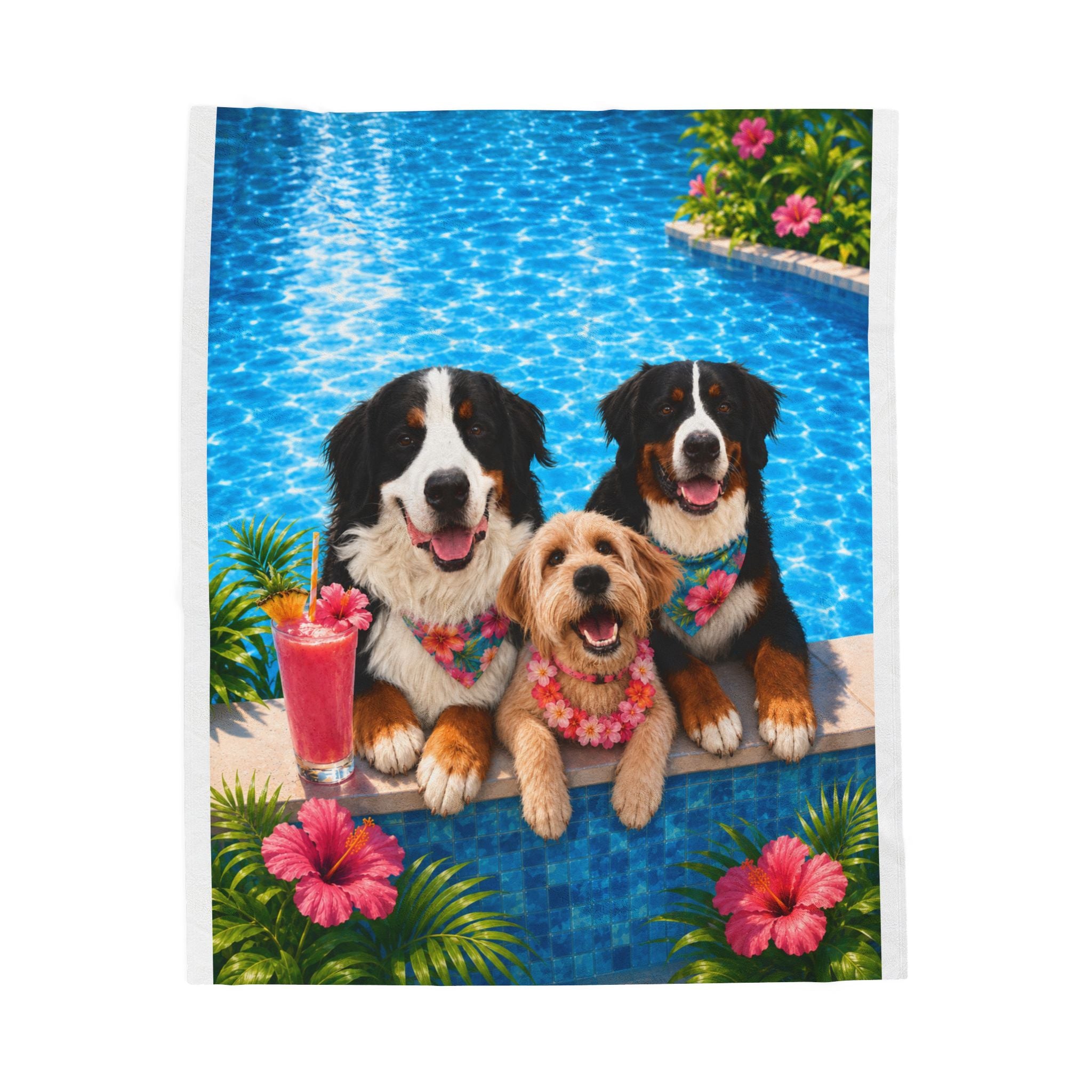 Pool Pawty Personalized Pet Blanket — Custom Tropical Portrait Velveteen Plush Throw, 3 Sizes