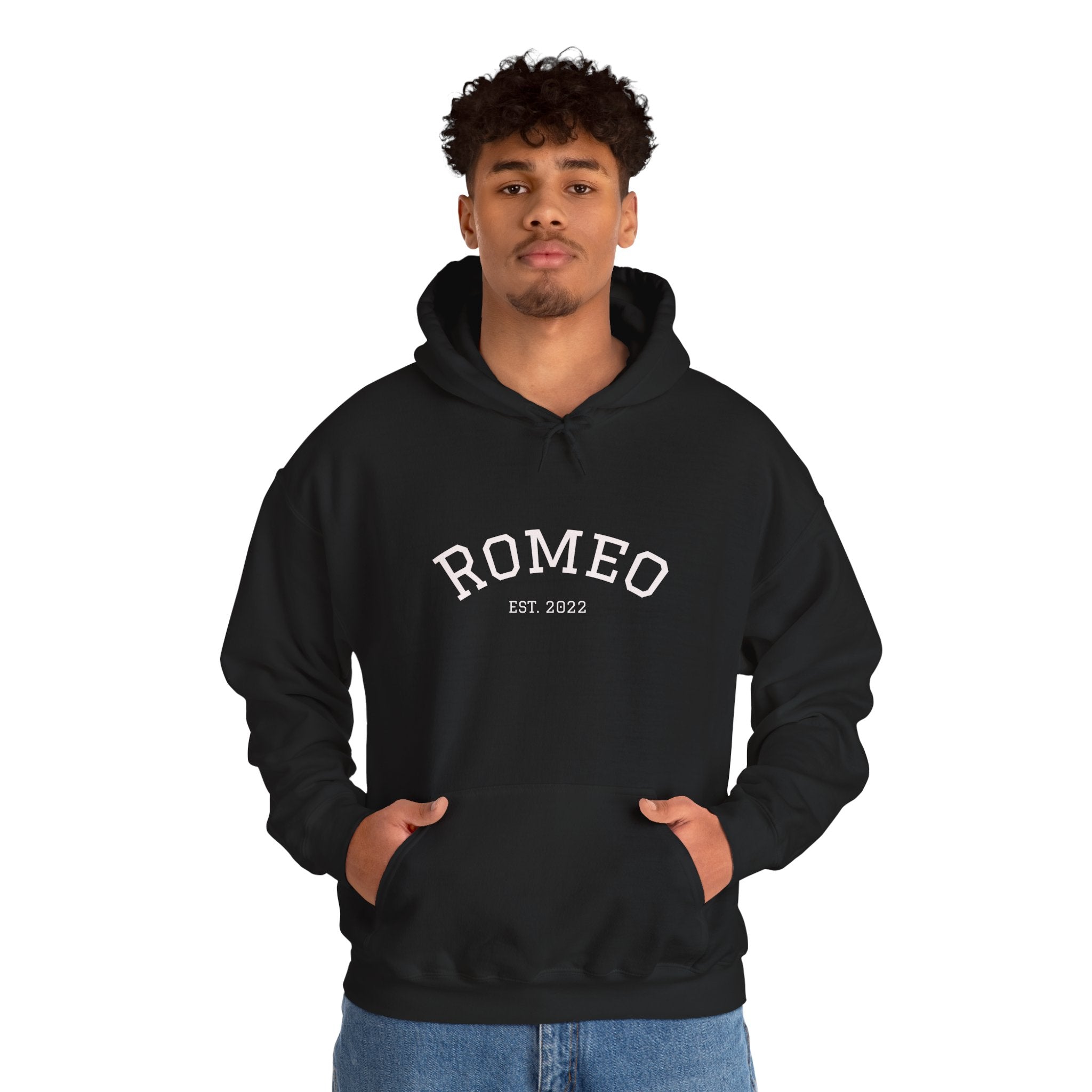 Romeo Personalized Dog Portrait Hoodie — "ROMEO" Front Text & Custom Back Pet Illustration