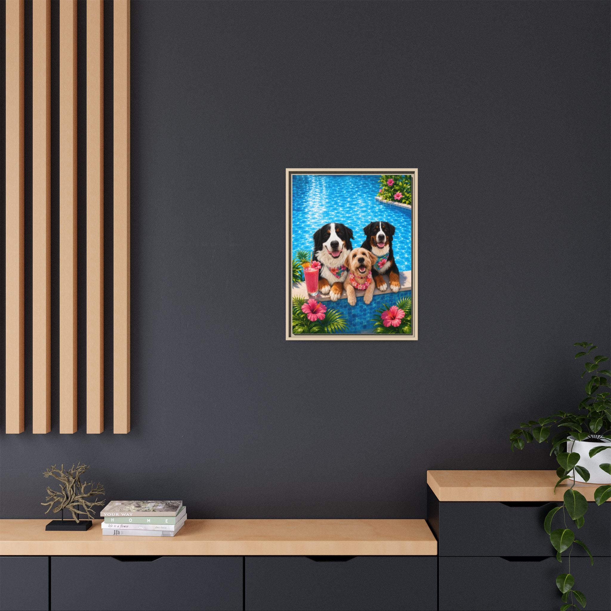 Pool Pawty Personalized Pet Framed Canvas — Custom Tropical Portrait Framed Wall Art, 1-3 Pets