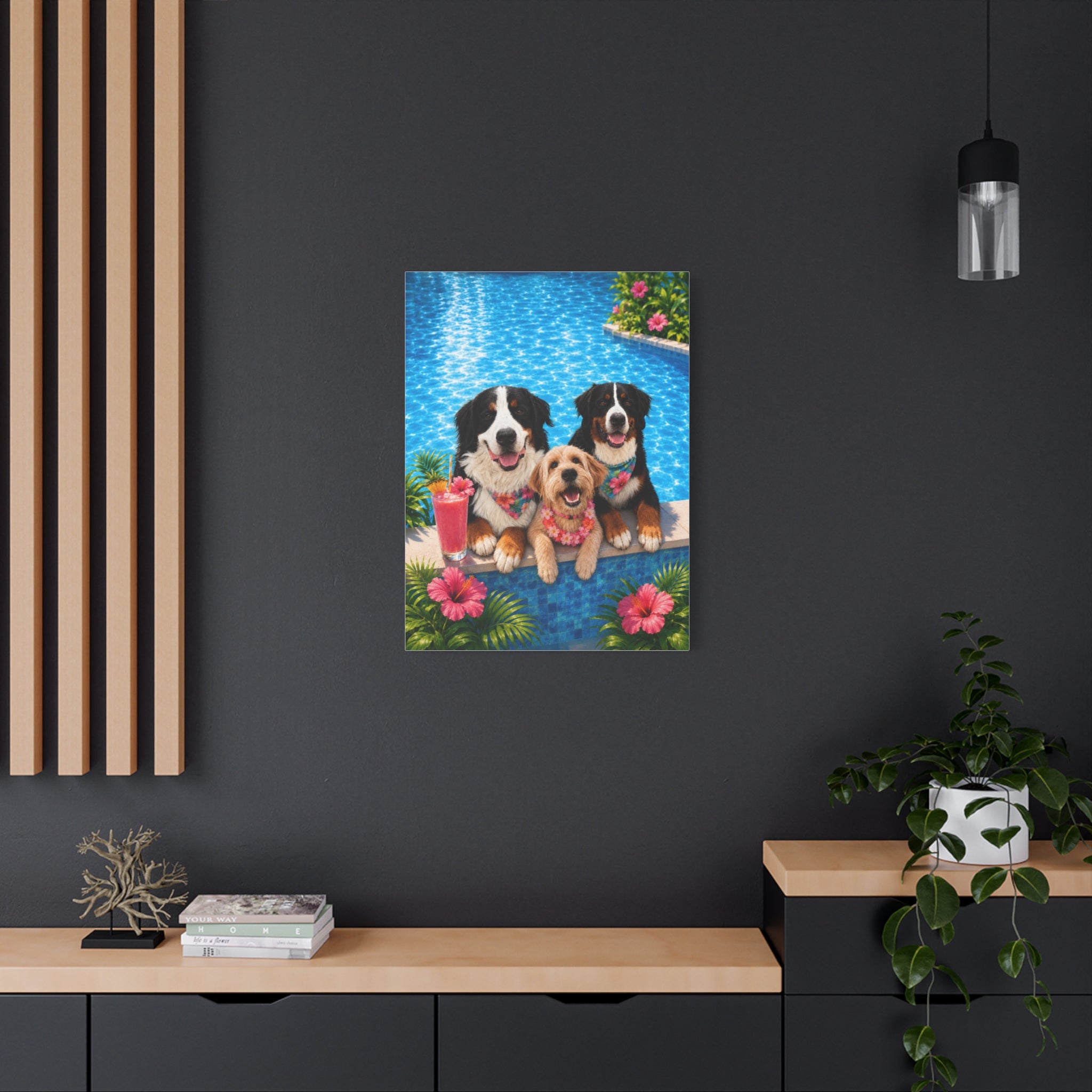 Pool Pawty Personalized Pet Canvas — Custom Tropical Portrait Stretched Canvas Wall Art, 1-3 Pets