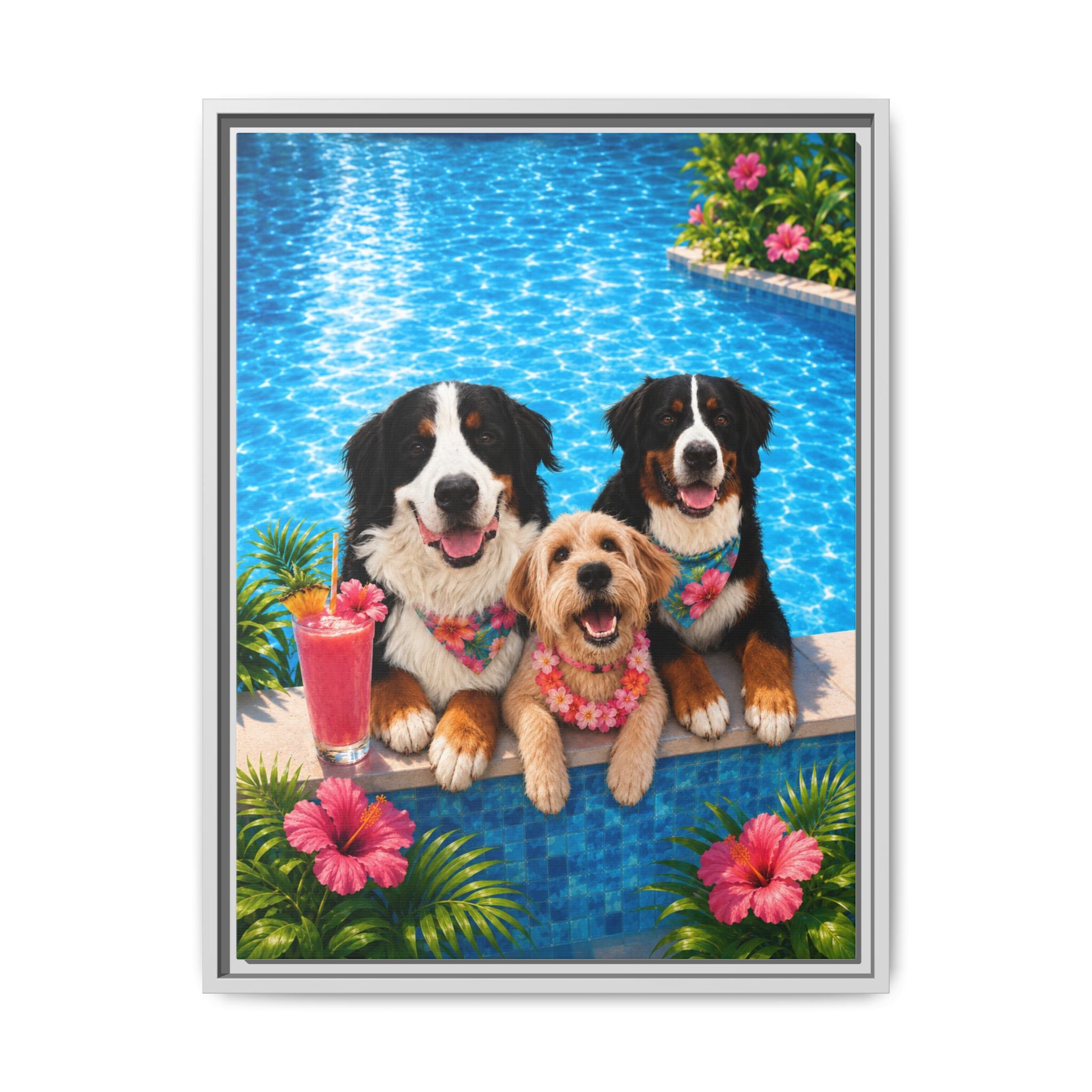 Pool Pawty Personalized Pet Framed Canvas — Custom Tropical Portrait Framed Wall Art, 1-3 Pets