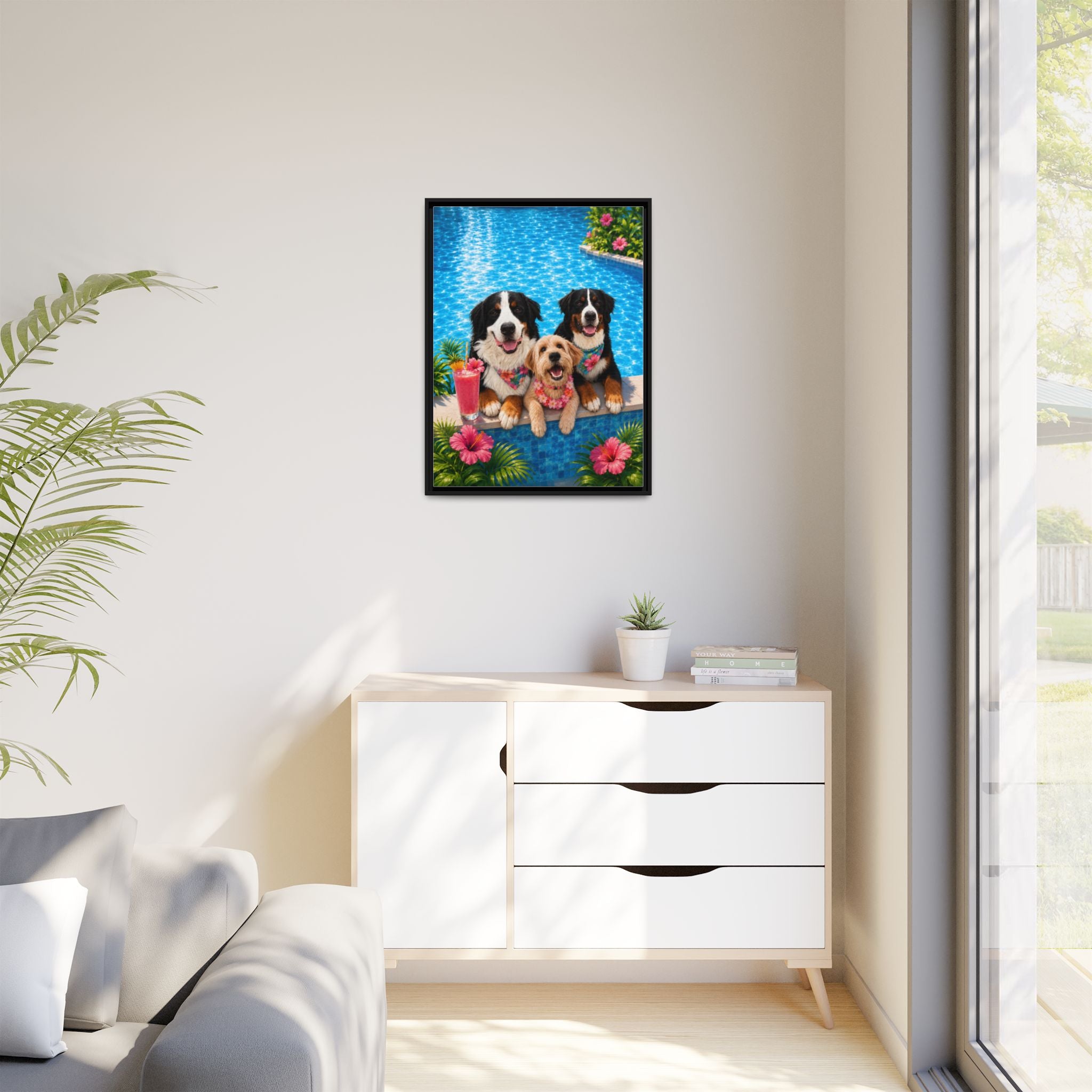 Pool Pawty Personalized Pet Framed Canvas — Custom Tropical Portrait Framed Wall Art, 1-3 Pets