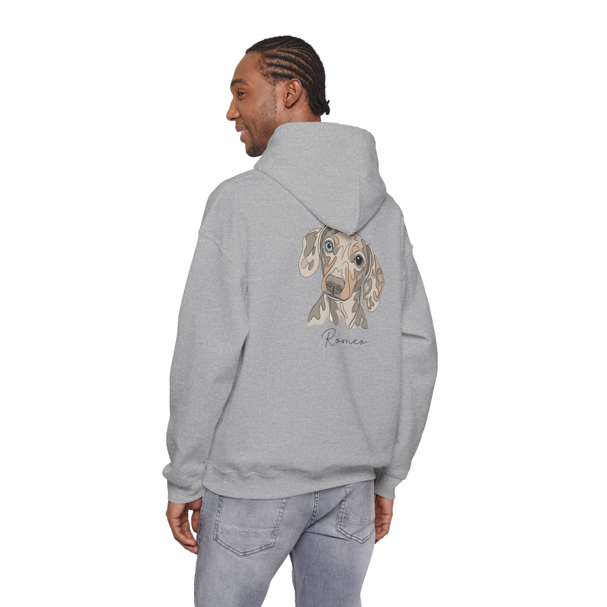 Romeo Personalized Dog Portrait Hoodie — "ROMEO" Front Text & Custom Back Pet Illustration