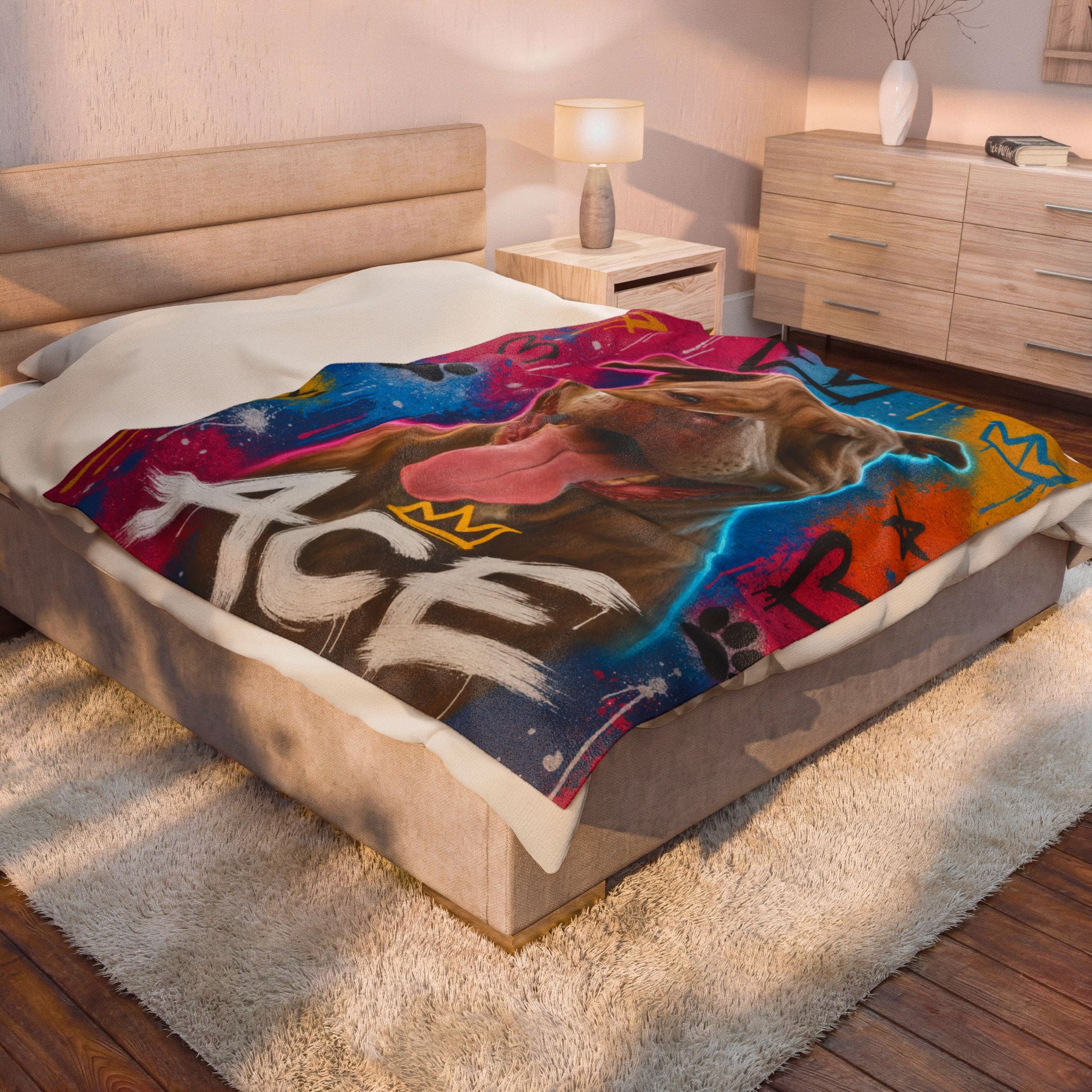 Street Art Personalized Pet Blanket — Custom Graffiti Portrait Velveteen Plush Throw, 3 Sizes