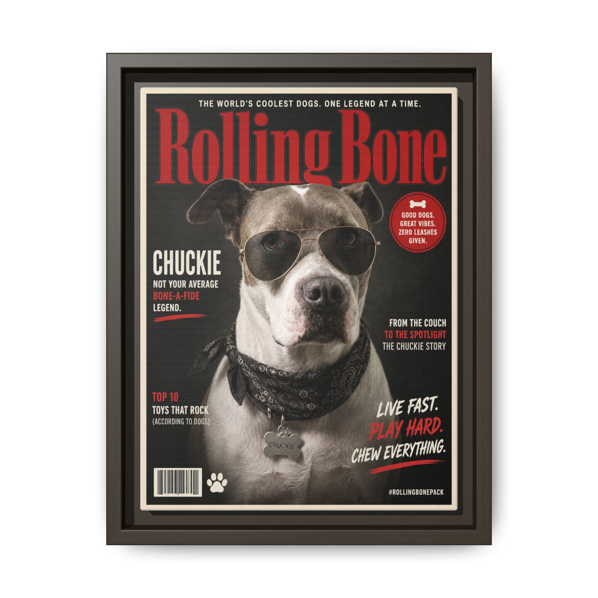 Rolling Bone Magazine Personalized Pet Framed Canvas — Custom Dog Portrait Framed Canvas Wall Art, Made to Order