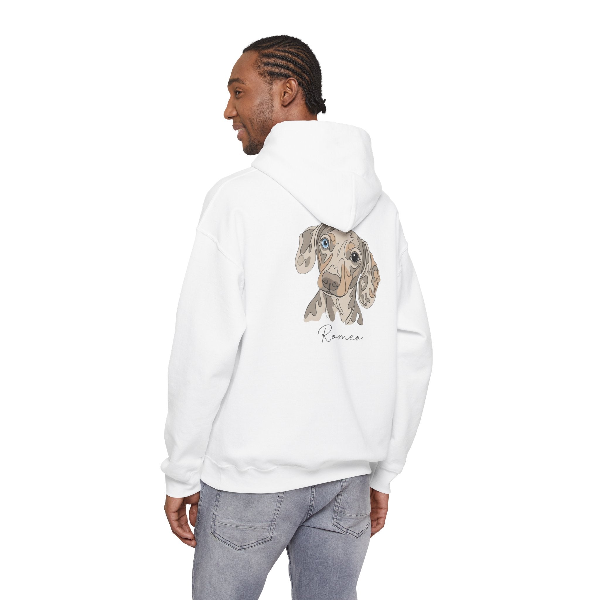 Romeo Personalized Dog Portrait Hoodie — "ROMEO" Front Text & Custom Back Pet Illustration