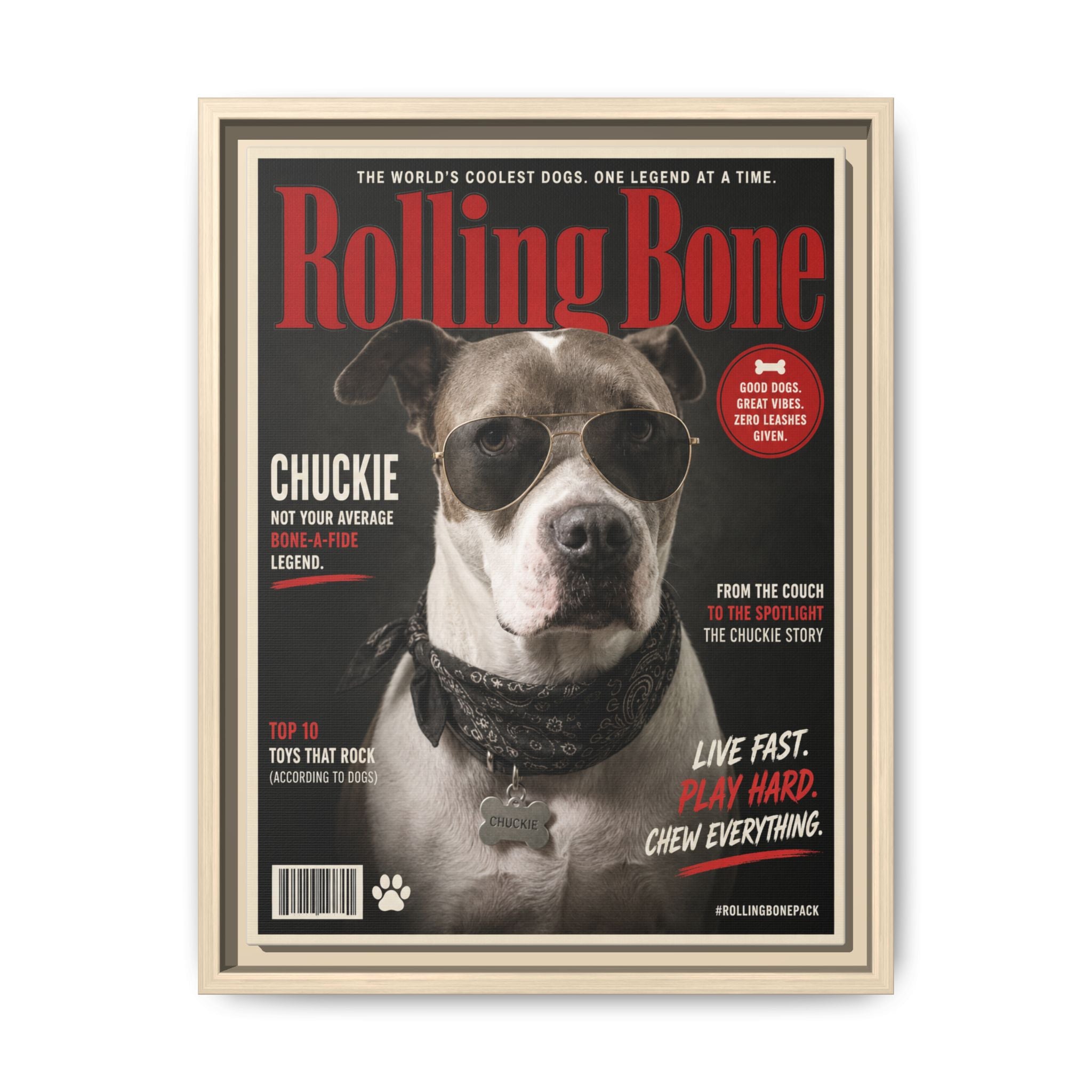 Rolling Bone Magazine Personalized Pet Framed Canvas — Custom Dog Portrait Framed Canvas Wall Art, Made to Order