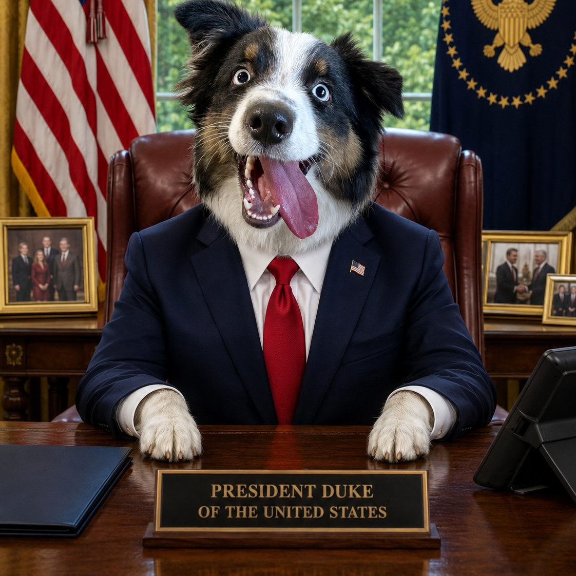 Australian Shepherd as President of the United States in the Oval Office