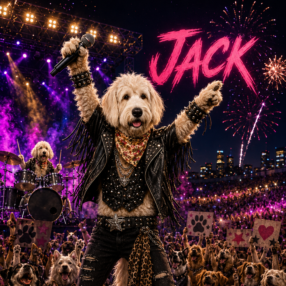 Goldendoodle as a rock star on stage with the name Jack in lights