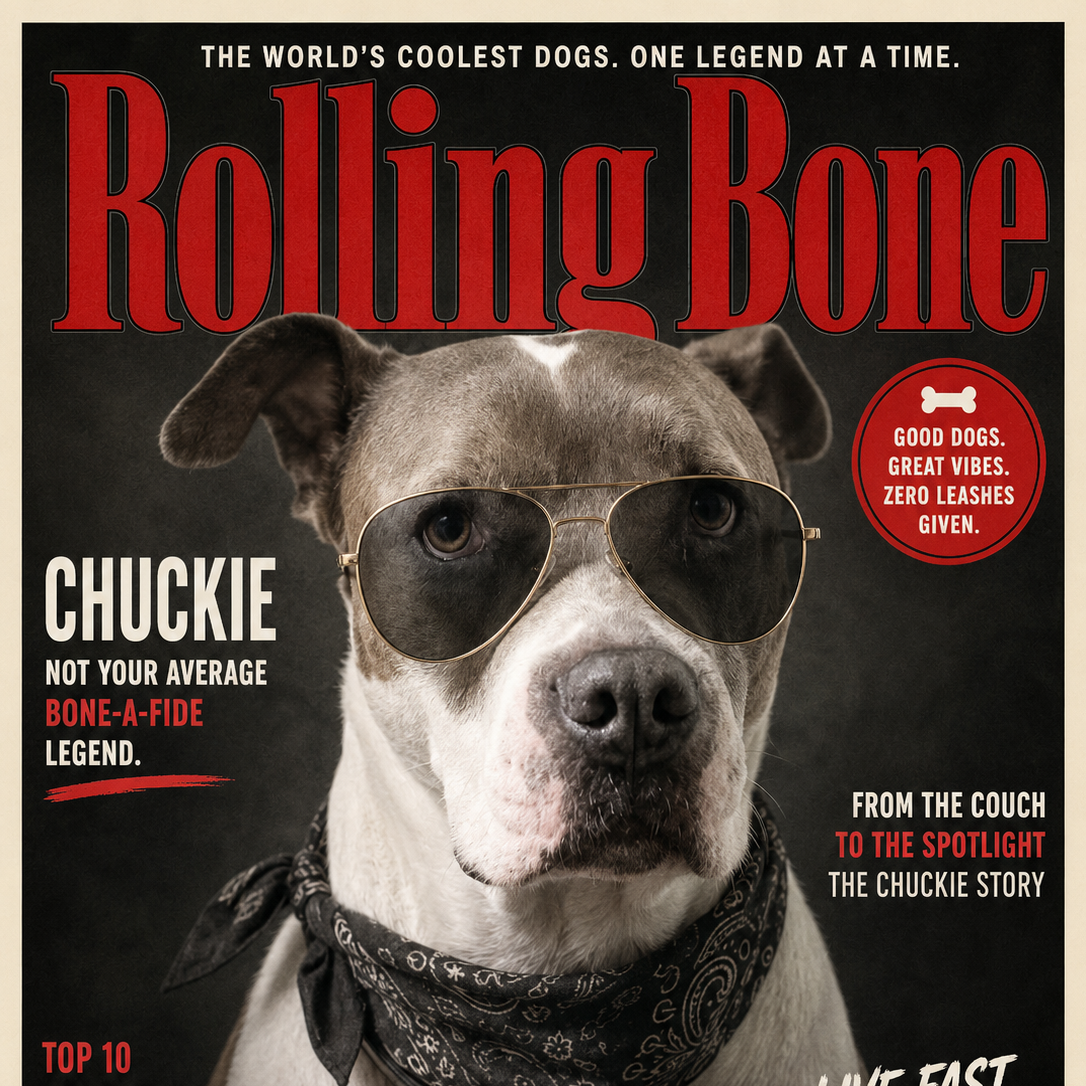 Pit bull on the cover of Rolling Bone magazine wearing aviator sunglasses and a bandana