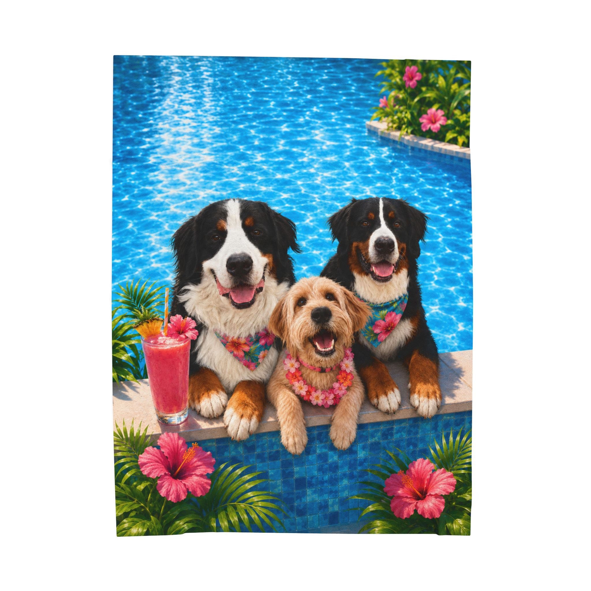Pool Pawty Personalized Pet Blanket — Custom Tropical Portrait Velveteen Plush Throw, 3 Sizes