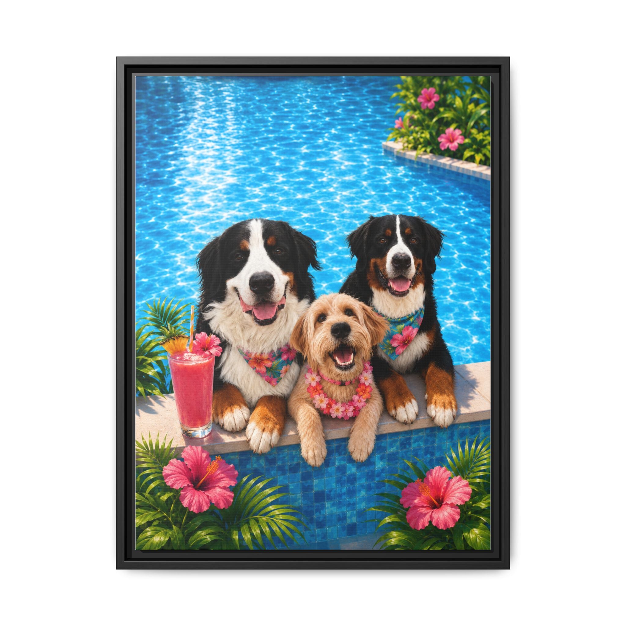 Pool Pawty Personalized Pet Framed Canvas — Custom Tropical Portrait Framed Wall Art, 1-3 Pets