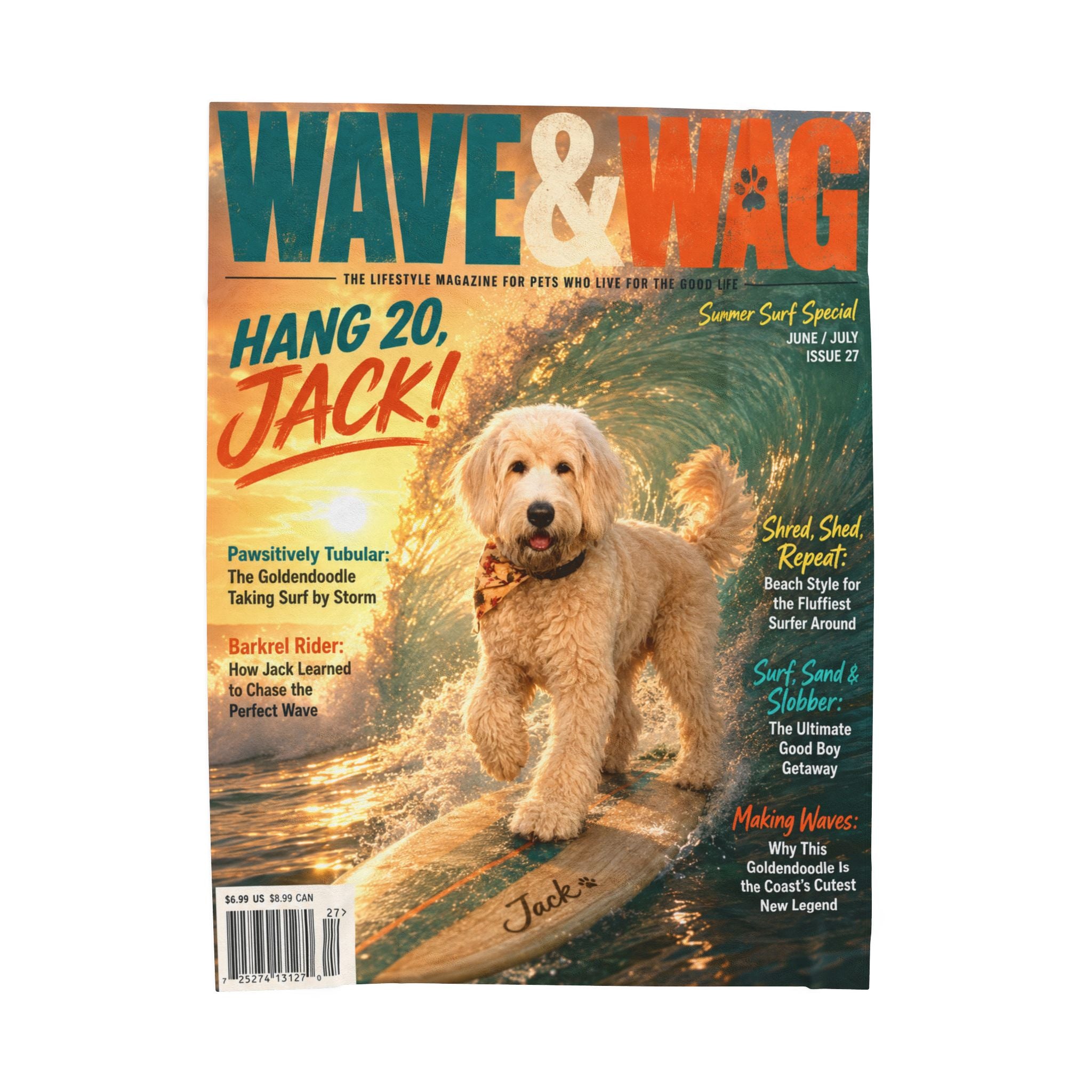 Wave & Wag Personalized Pet Blanket — Custom Surf Magazine Cover Velveteen Plush Throw, 3 Sizes
