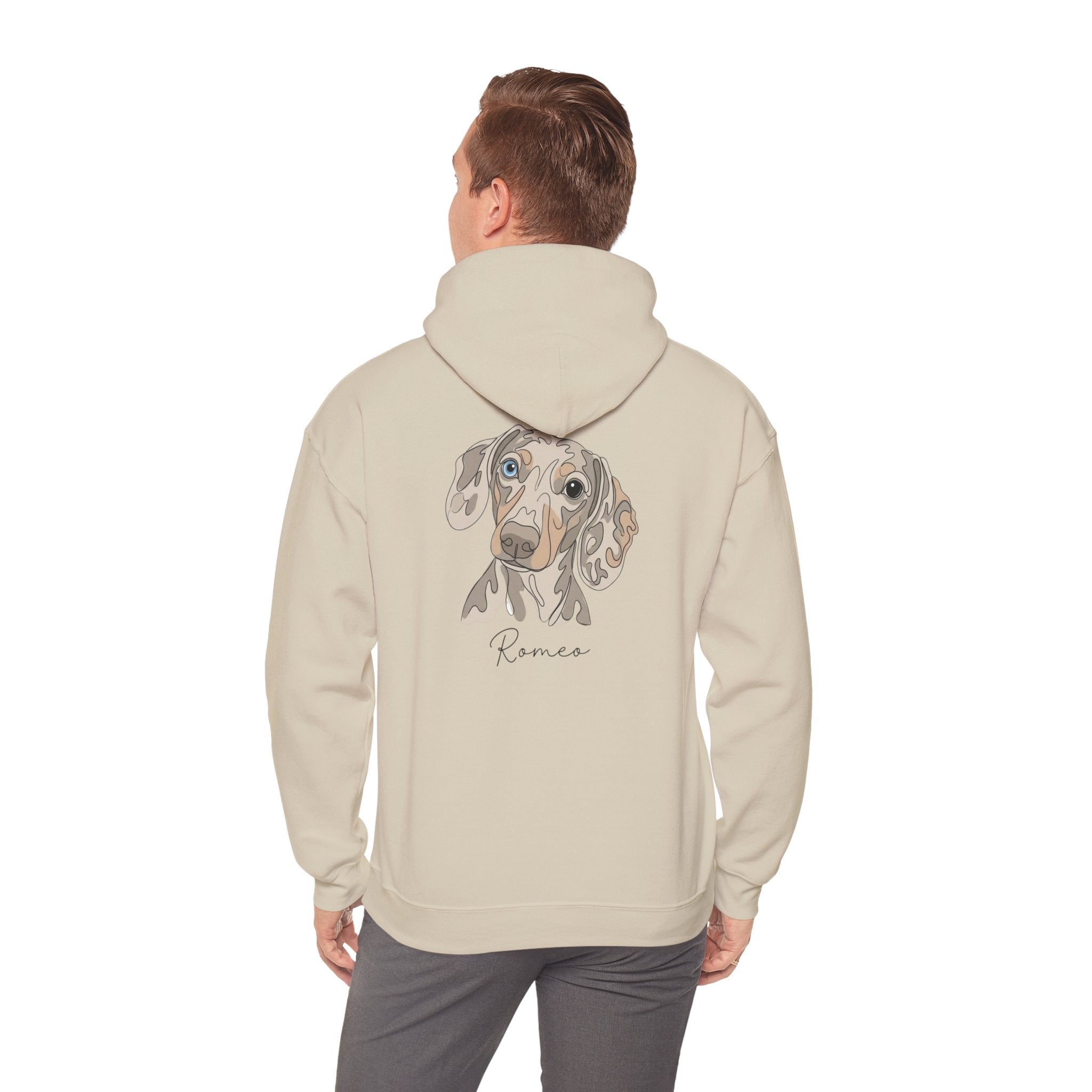 Romeo Personalized Dog Portrait Hoodie — "ROMEO" Front Text & Custom Back Pet Illustration