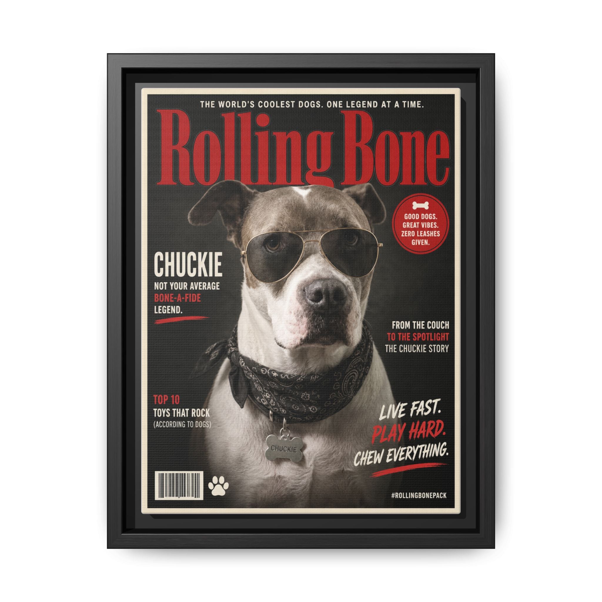 Rolling Bone Magazine Personalized Pet Framed Canvas — Custom Dog Portrait Framed Canvas Wall Art, Made to Order