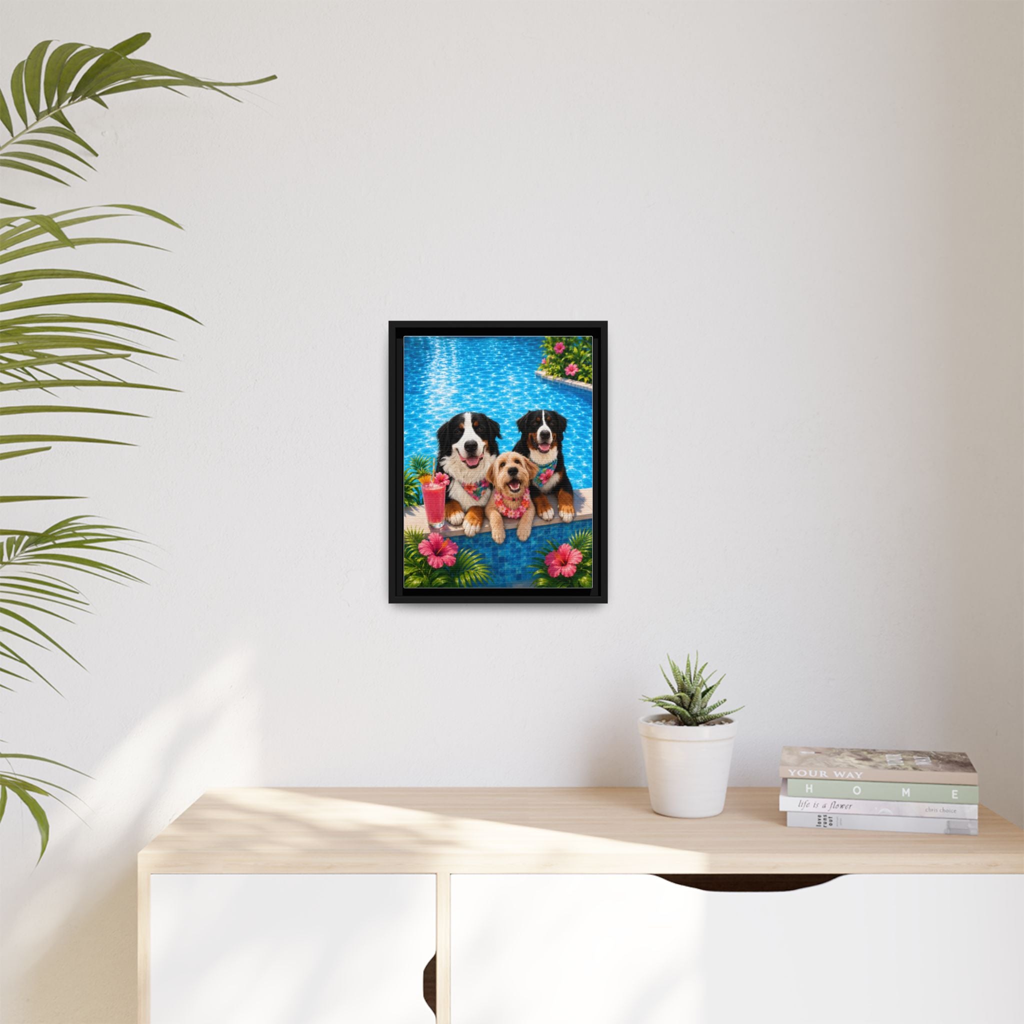 Pool Pawty Personalized Pet Framed Canvas — Custom Tropical Portrait Framed Wall Art, 1-3 Pets
