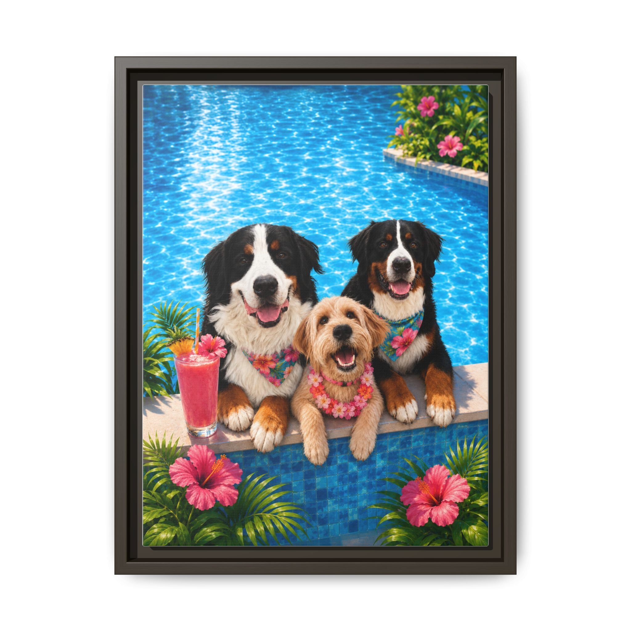 Pool Pawty Personalized Pet Framed Canvas — Custom Tropical Portrait Framed Wall Art, 1-3 Pets