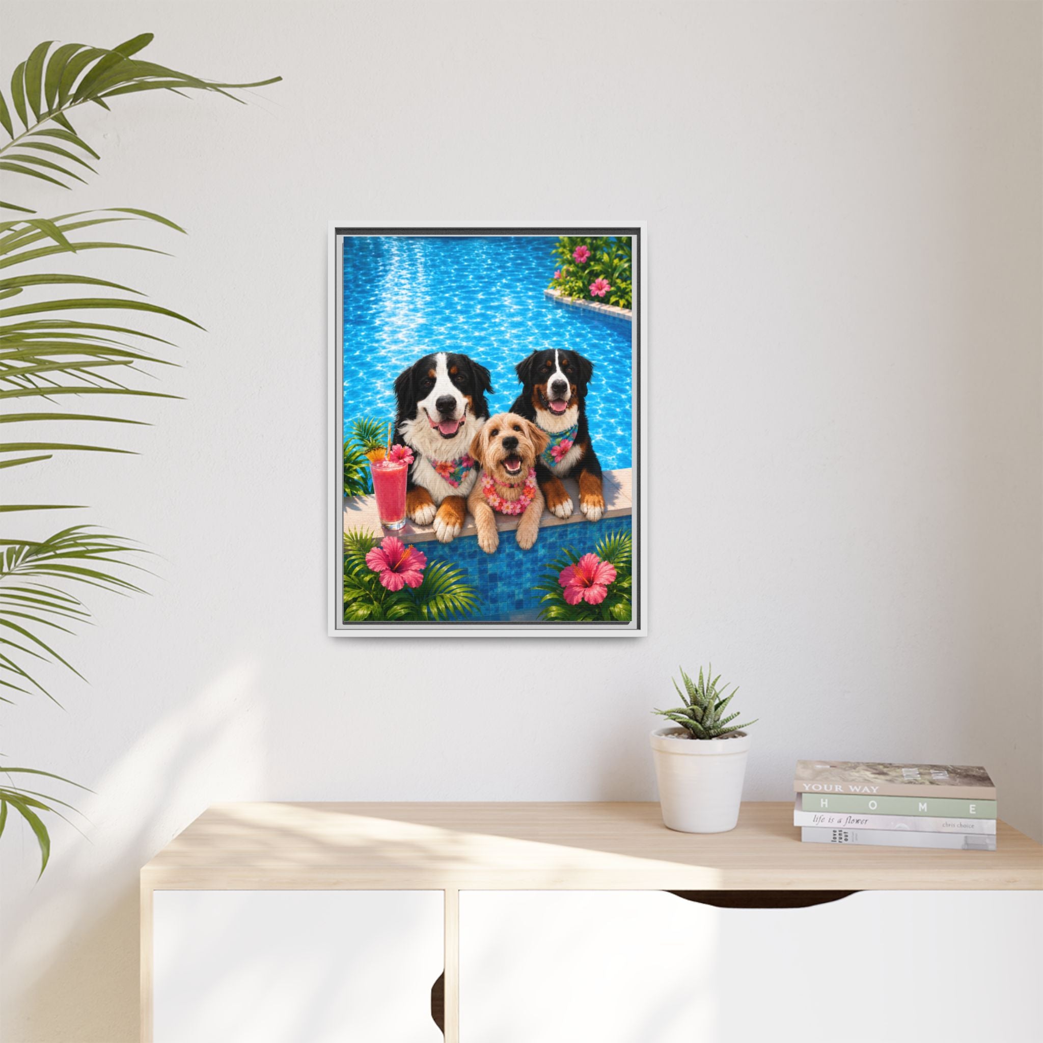 Pool Pawty Personalized Pet Framed Canvas — Custom Tropical Portrait Framed Wall Art, 1-3 Pets