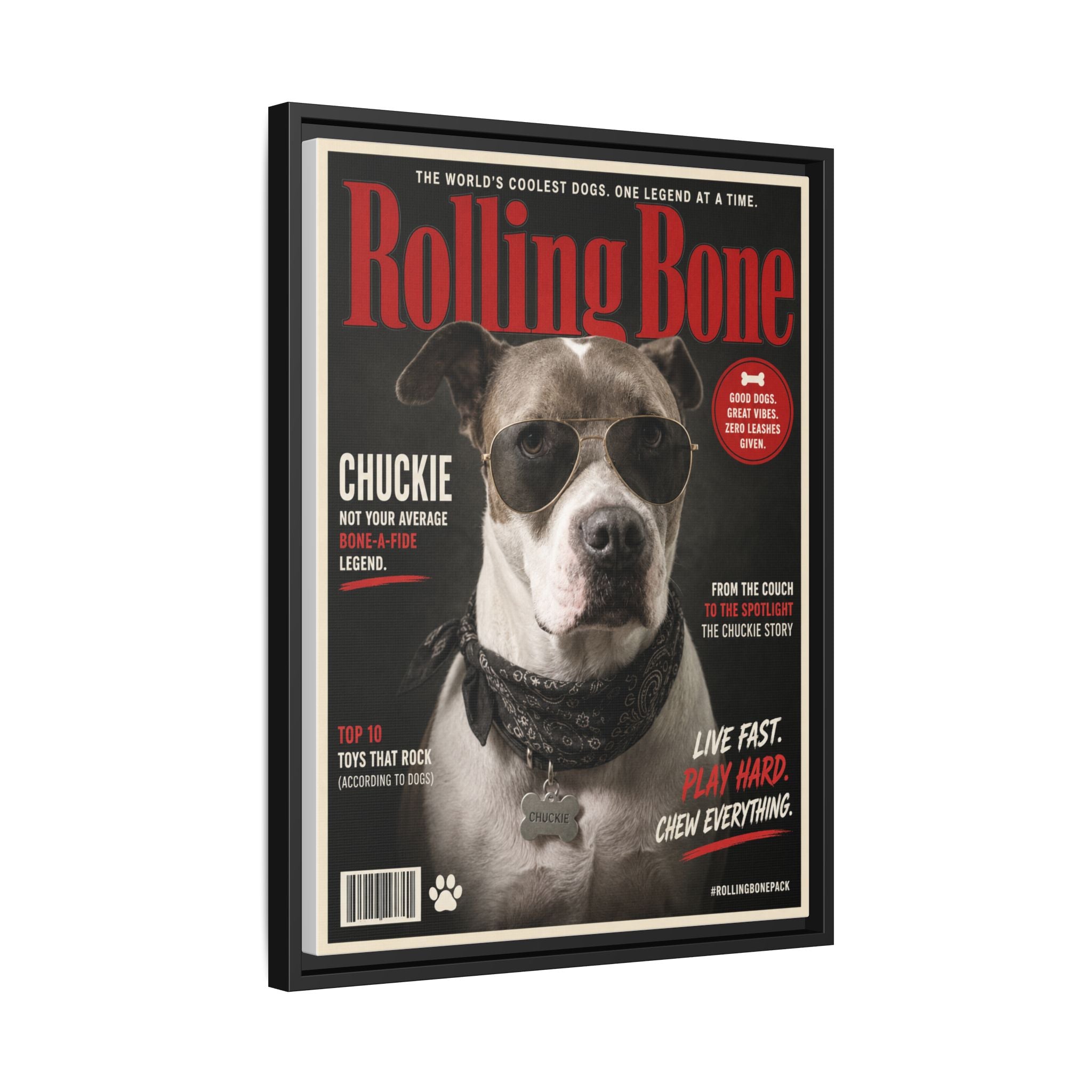 Rolling Bone Magazine Personalized Pet Framed Canvas — Custom Dog Portrait Framed Canvas Wall Art, Made to Order